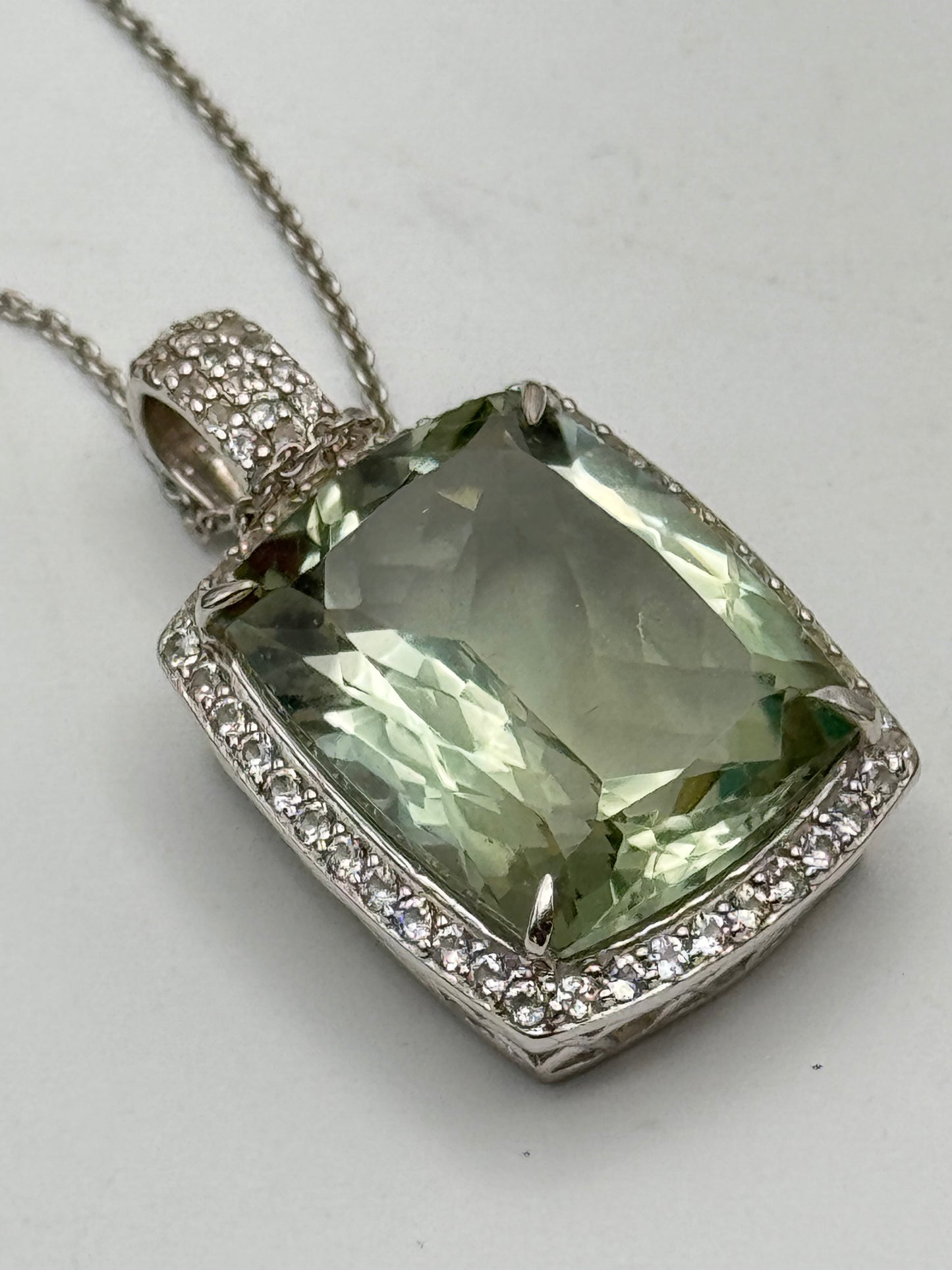 Large Green Amethyst Sterling Pendant circa 21” Long Delicate Sterling Chain