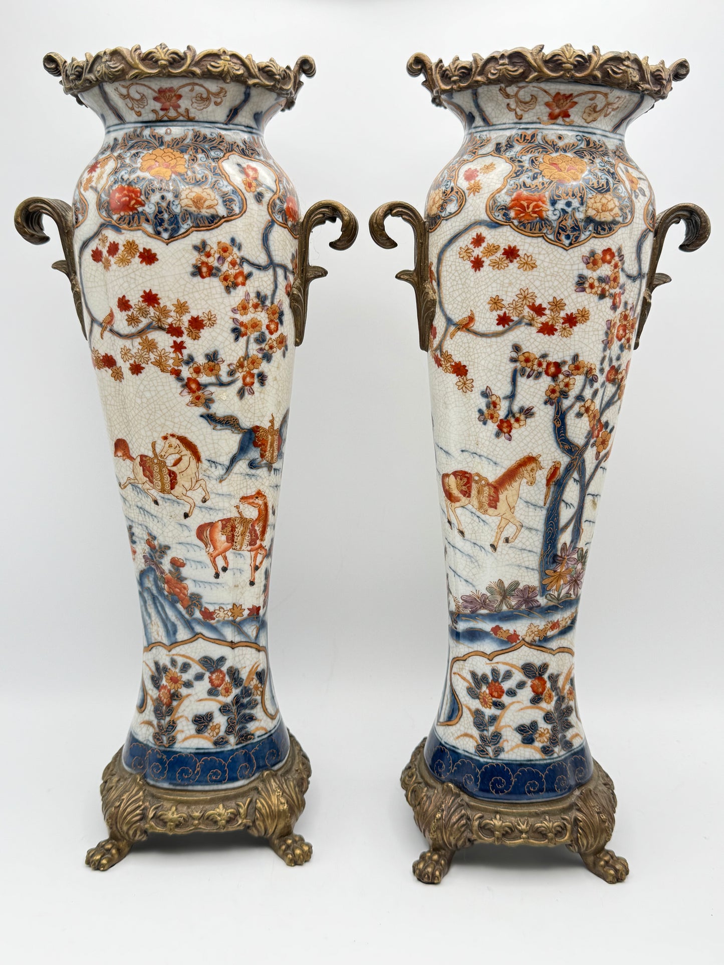 Pair Vintage Castilian Porcelain Bronze Brass Candle Holders Crackleglaze 15”h
