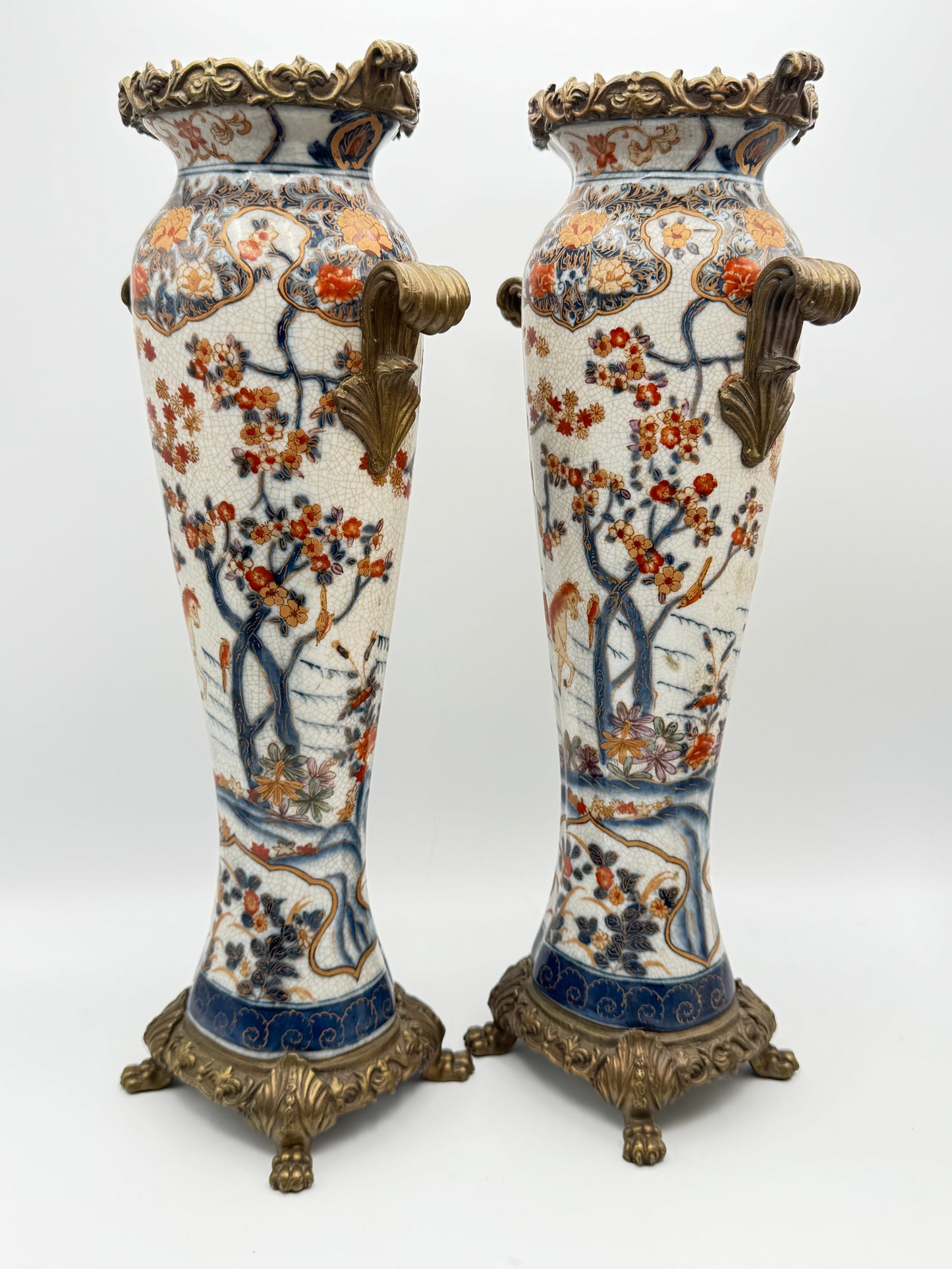 Pair Vintage Castilian Porcelain Bronze Brass Candle Holders Crackleglaze 15”h