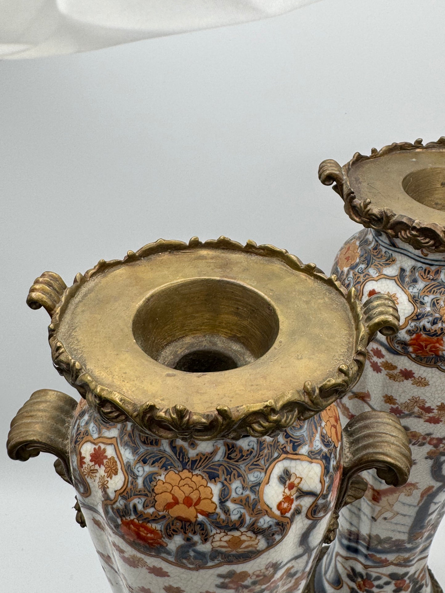 Pair Vintage Castilian Porcelain Bronze Brass Candle Holders Crackleglaze 15”h