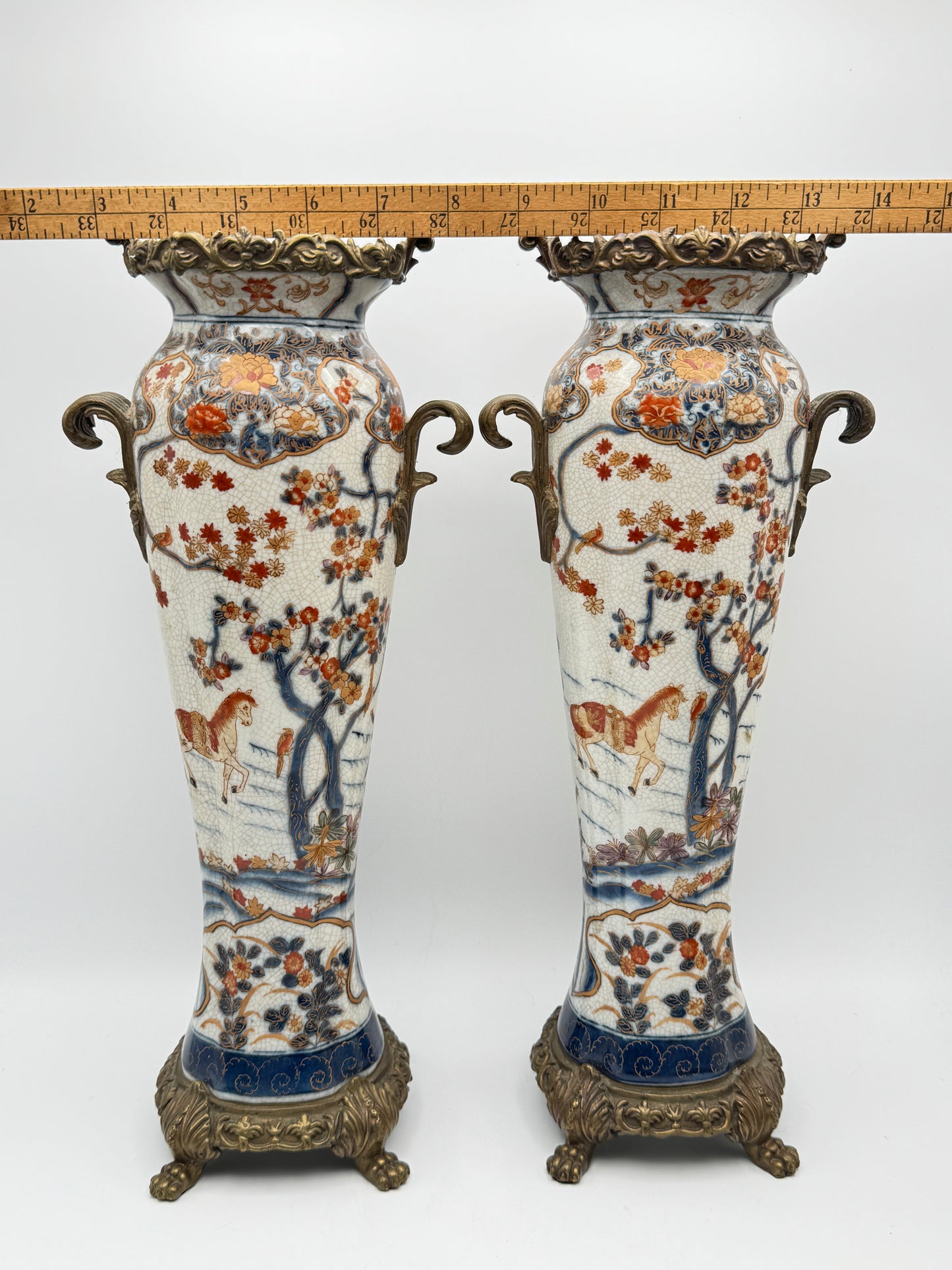 Pair Vintage Castilian Porcelain Bronze Brass Candle Holders Crackleglaze 15”h