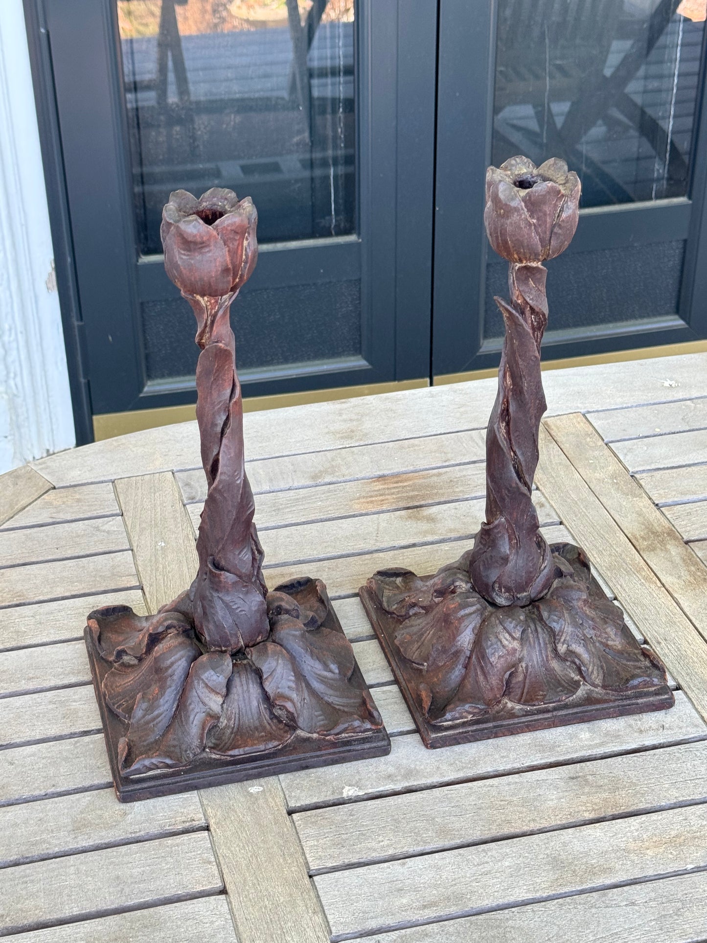Antique BLACK FOREST Style Hand Carved Tulip Candlestick Pair Circa 14”h EXTREMELY RARE‼️