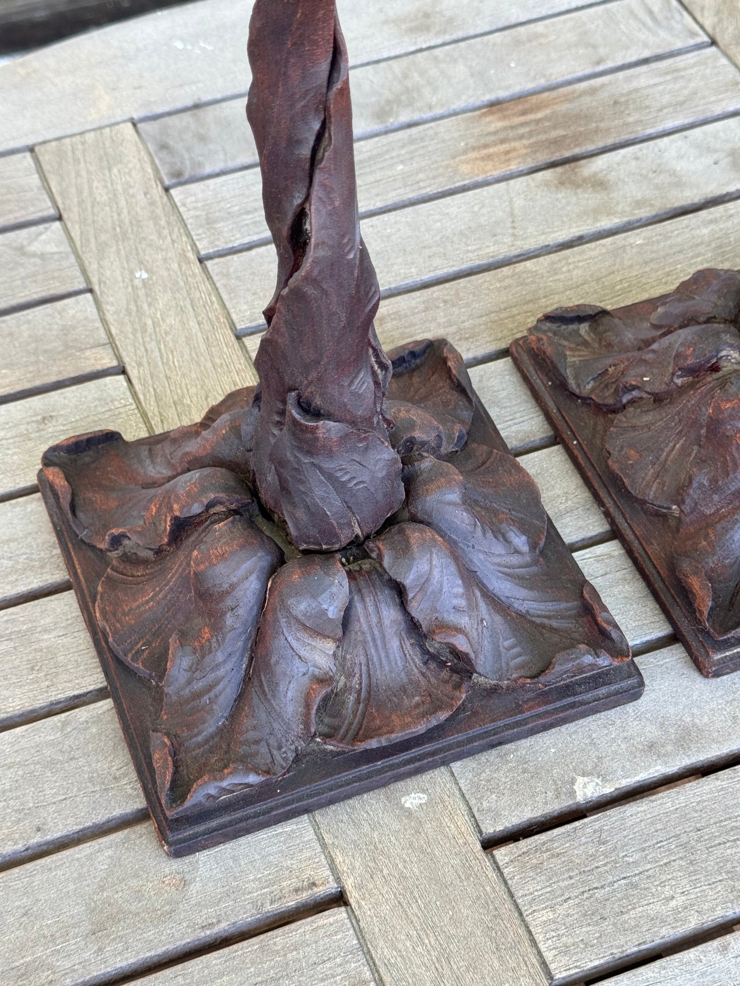 Antique BLACK FOREST Style Hand Carved Tulip Candlestick Pair Circa 14”h EXTREMELY RARE‼️