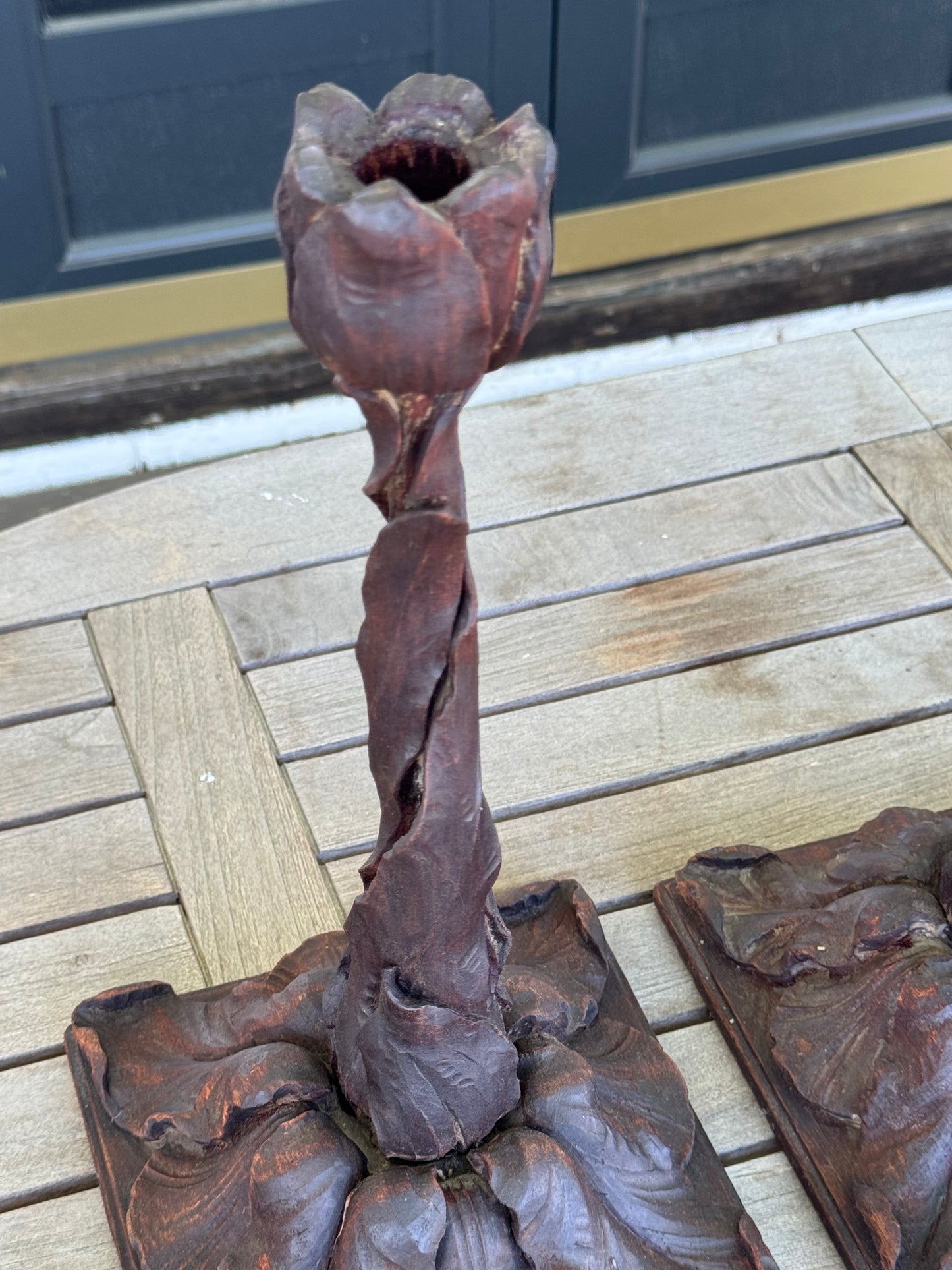Antique BLACK FOREST Style Hand Carved Tulip Candlestick Pair Circa 14”h EXTREMELY RARE‼️