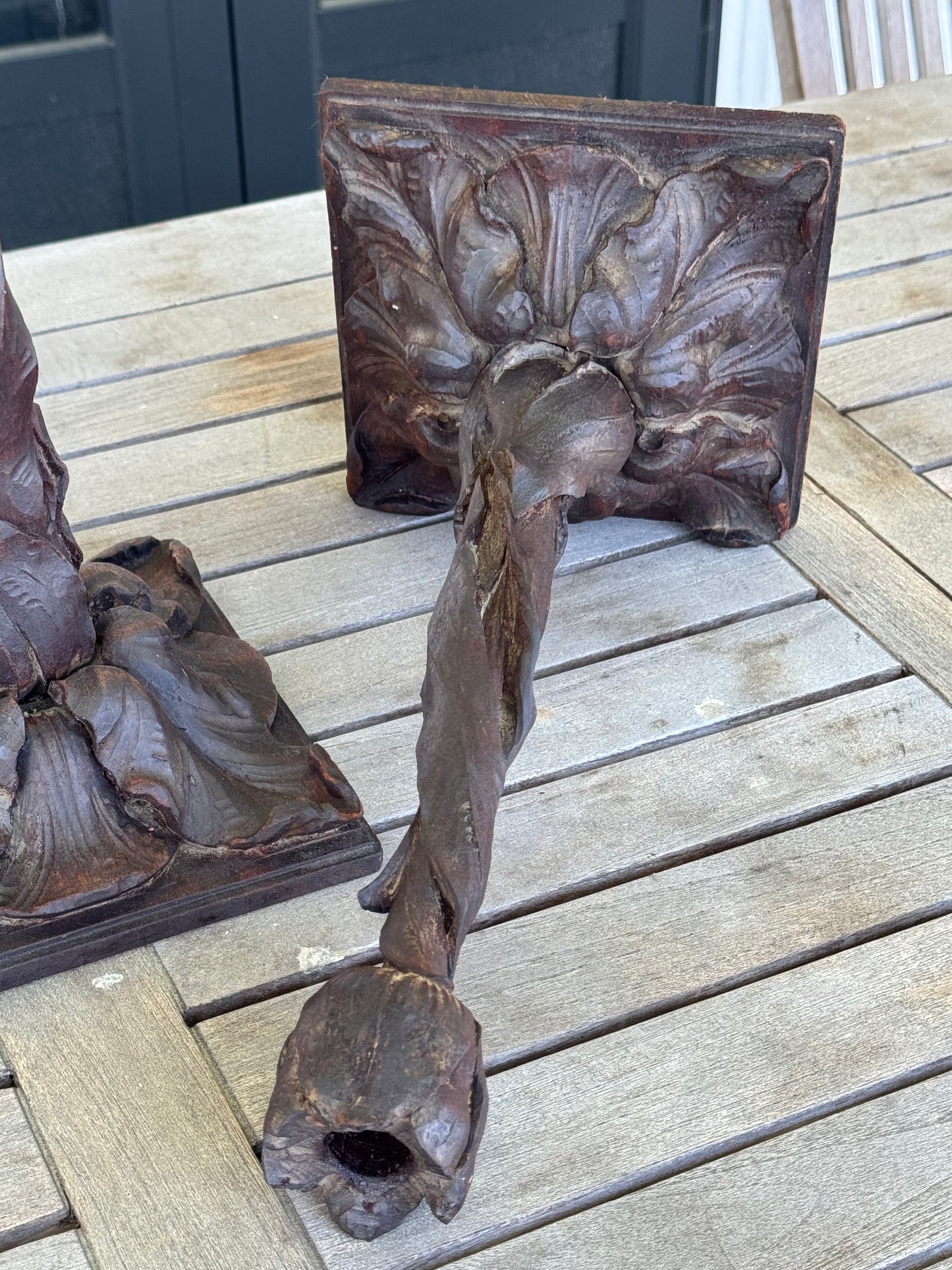 Antique BLACK FOREST Style Hand Carved Tulip Candlestick Pair Circa 14”h EXTREMELY RARE‼️