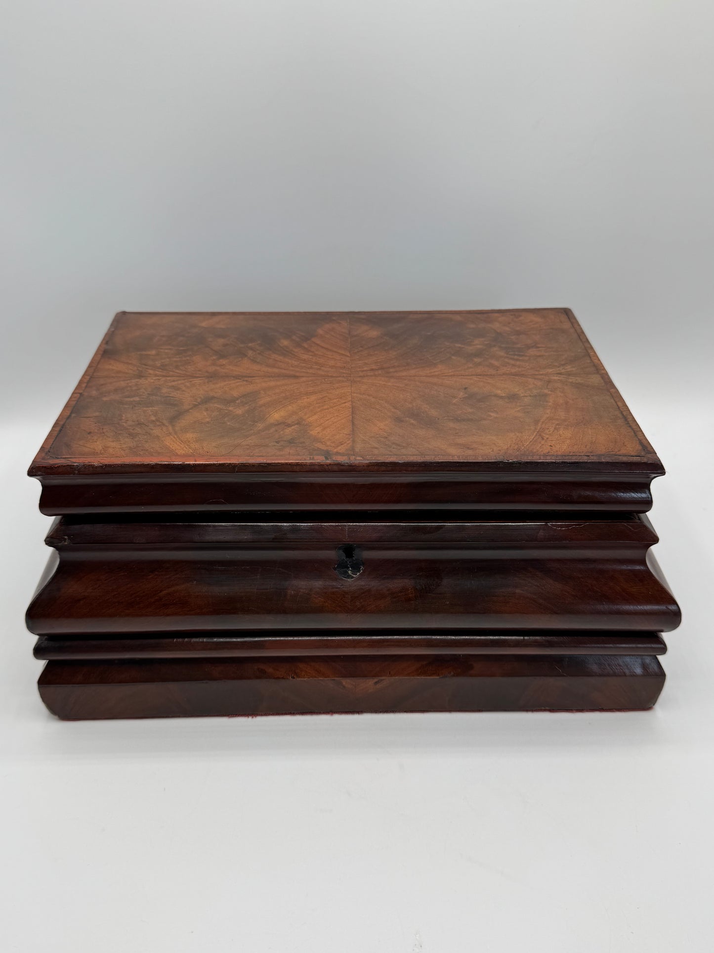 Antique Biedermeier Style Wooden Chest With Mirror Lined in Red Velvet circa 11.5” x 7.75” x 5.25”
