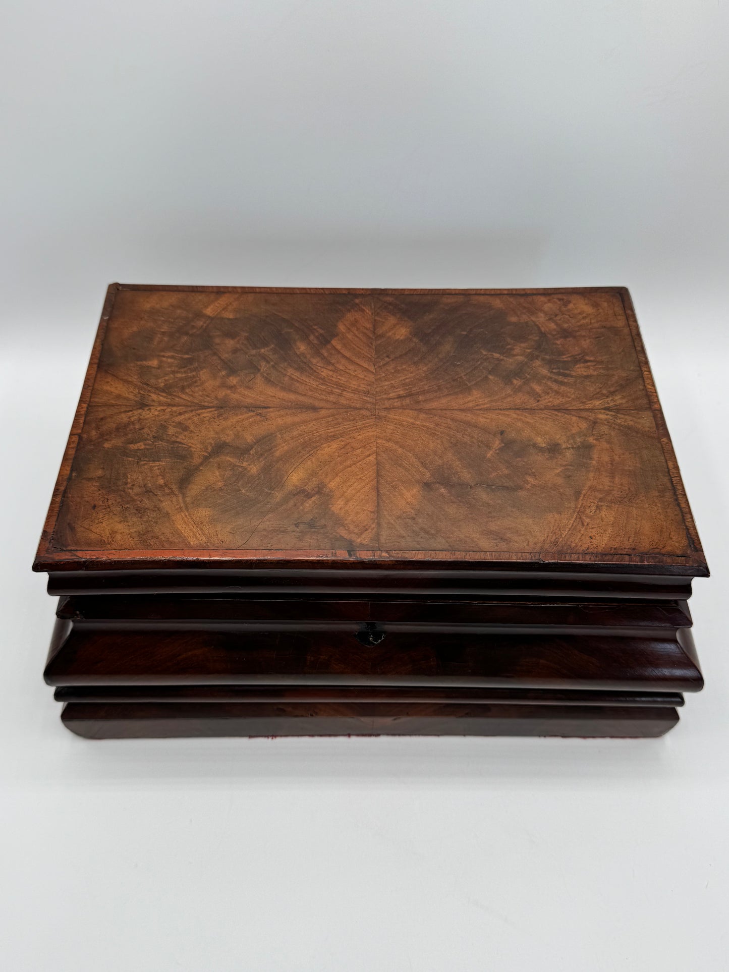 Antique Biedermeier Style Wooden Chest With Mirror Lined in Red Velvet circa 11.5” x 7.75” x 5.25”