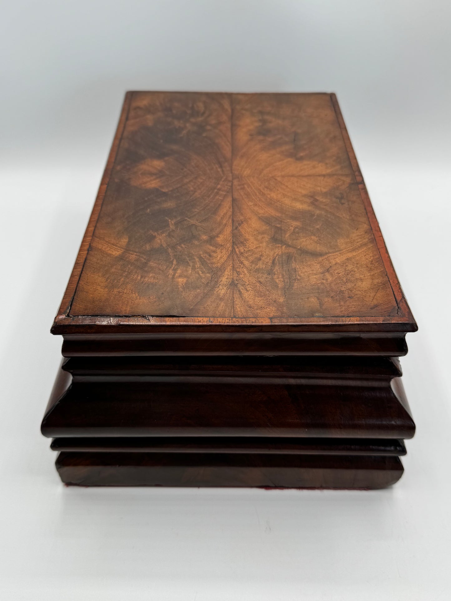 Antique Biedermeier Style Wooden Chest With Mirror Lined in Red Velvet circa 11.5” x 7.75” x 5.25”