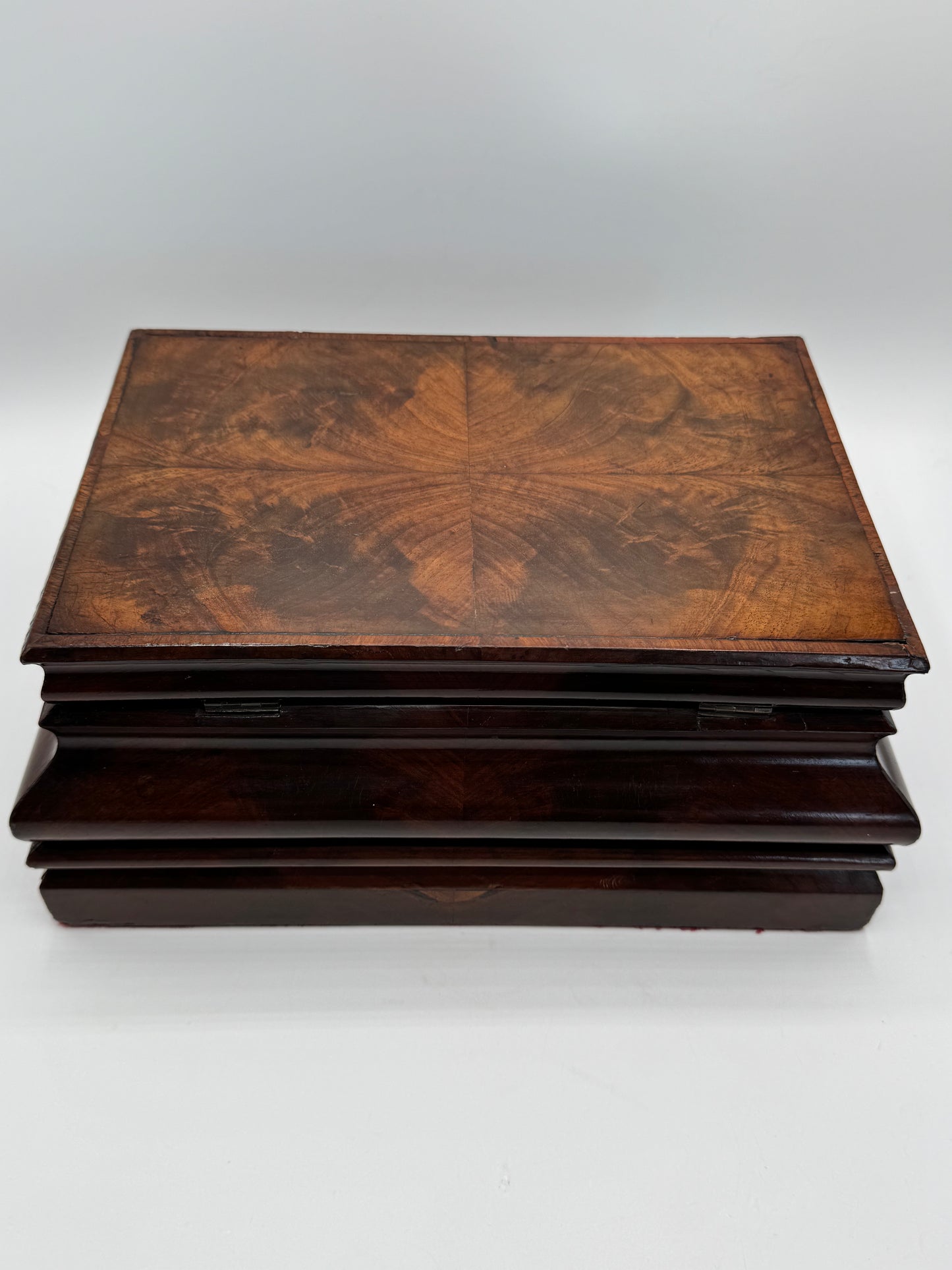Antique Biedermeier Style Wooden Chest With Mirror Lined in Red Velvet circa 11.5” x 7.75” x 5.25”
