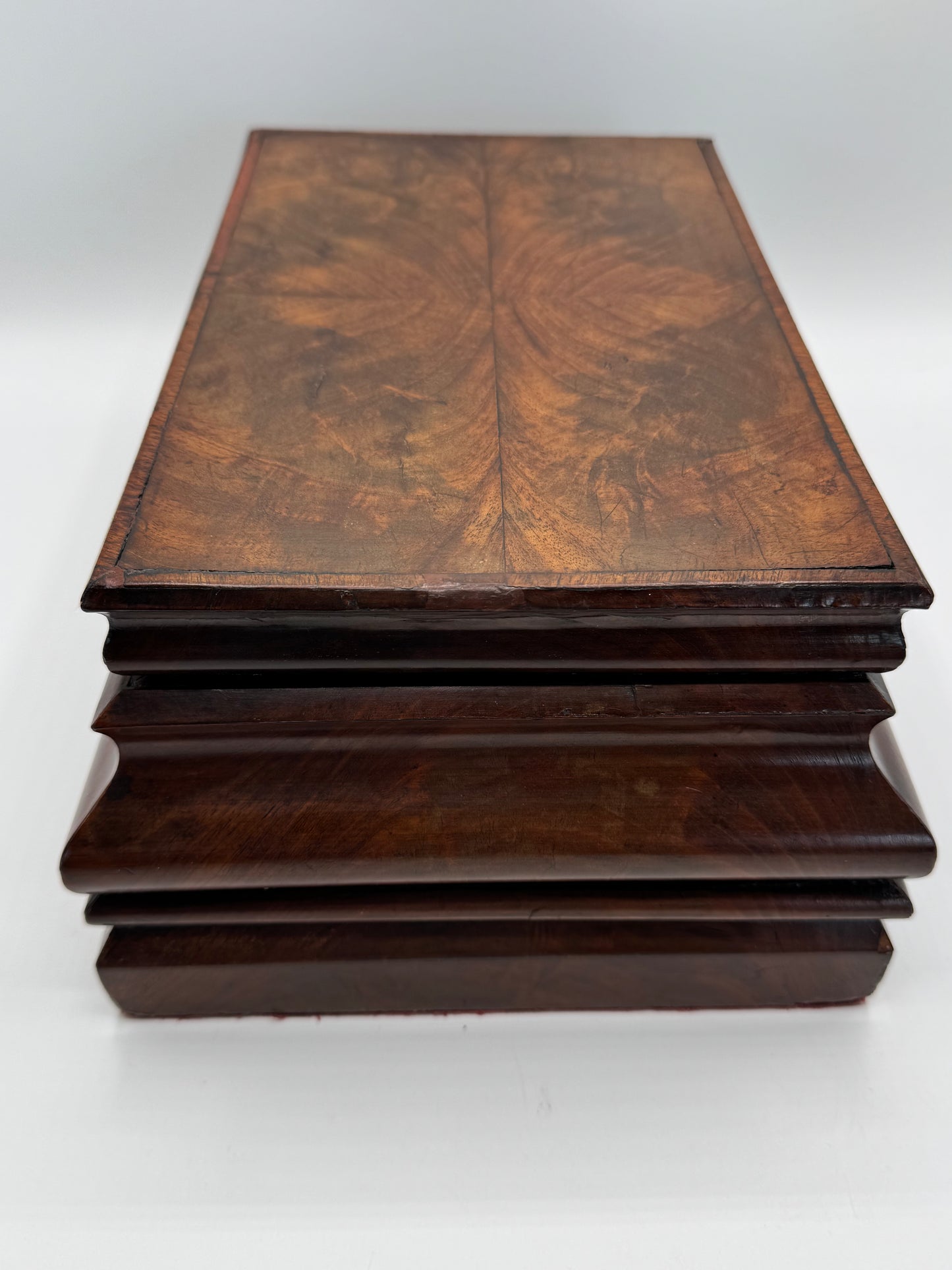 Antique Biedermeier Style Wooden Chest With Mirror Lined in Red Velvet circa 11.5” x 7.75” x 5.25”