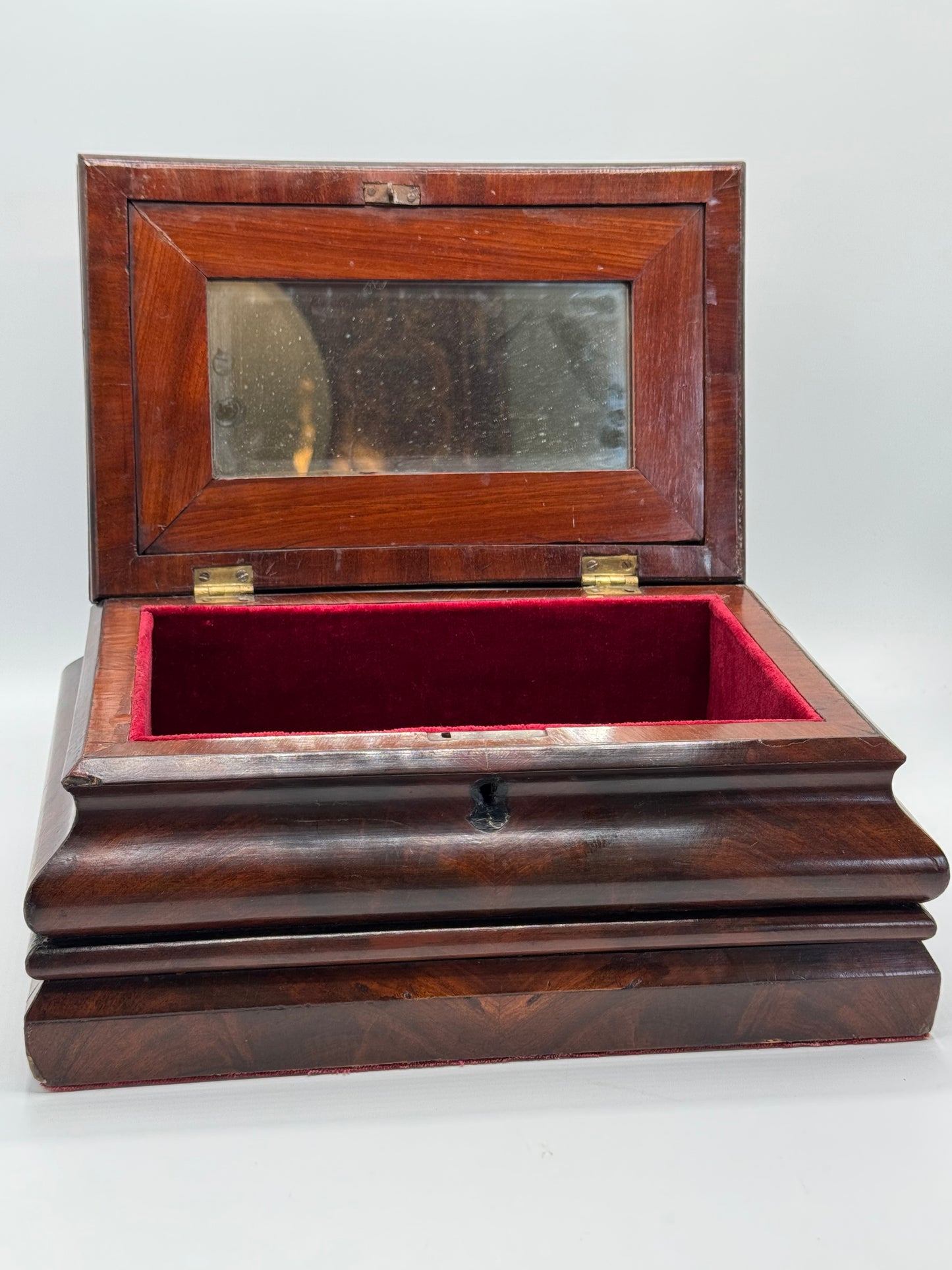 Antique Biedermeier Style Wooden Chest With Mirror Lined in Red Velvet circa 11.5” x 7.75” x 5.25”