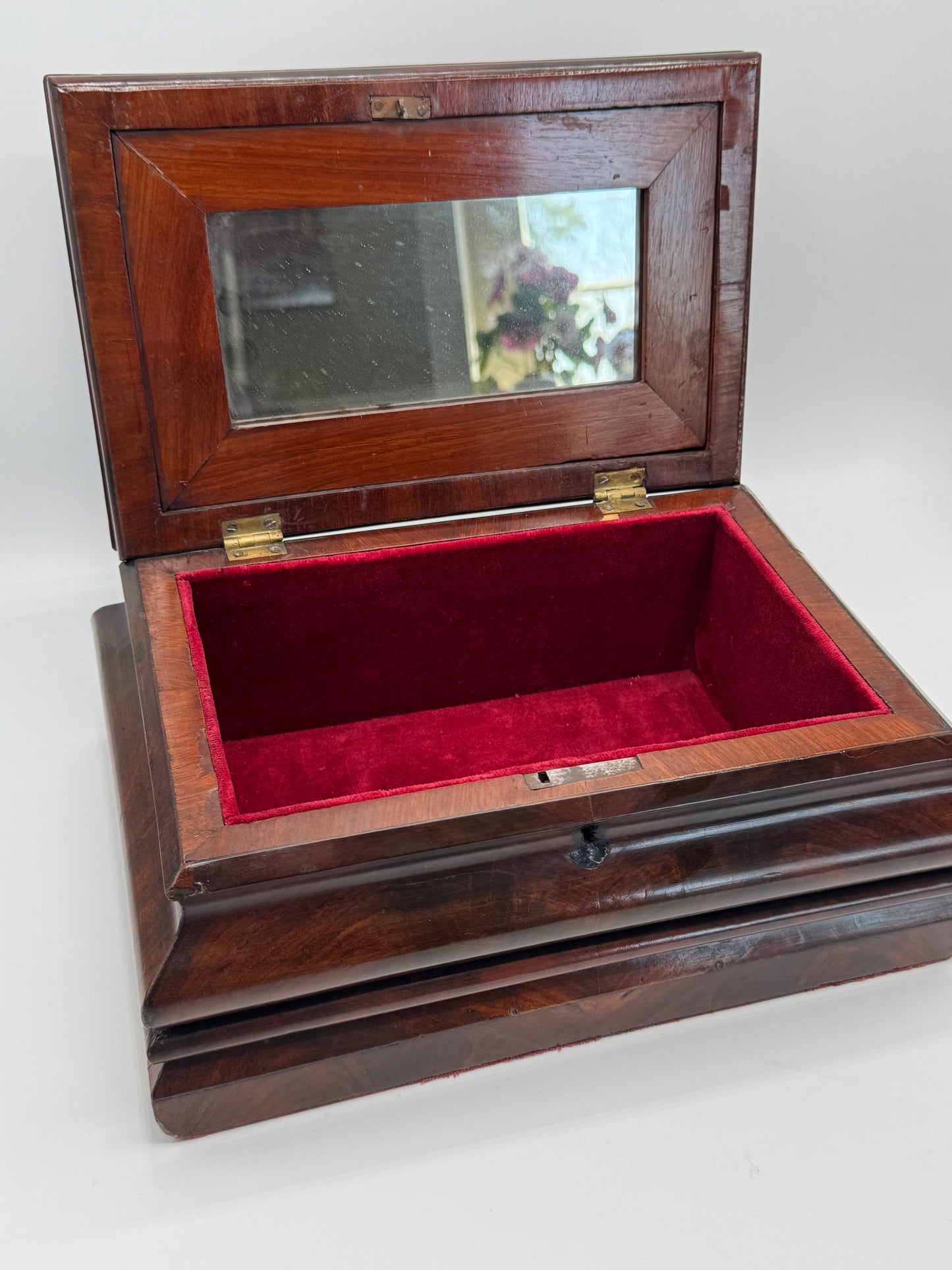 Antique Biedermeier Style Wooden Chest With Mirror Lined in Red Velvet circa 11.5” x 7.75” x 5.25”