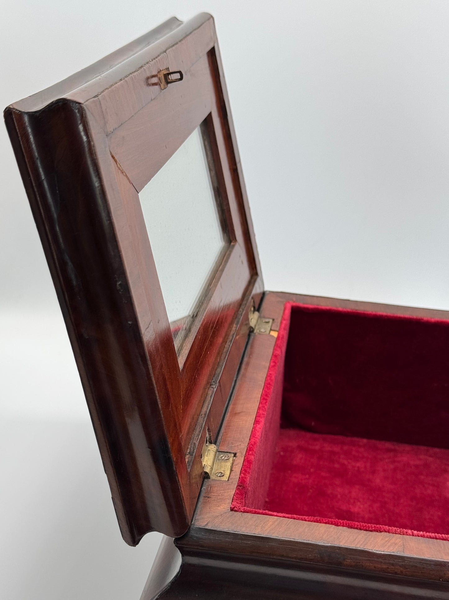 Antique Biedermeier Style Wooden Chest With Mirror Lined in Red Velvet circa 11.5” x 7.75” x 5.25”