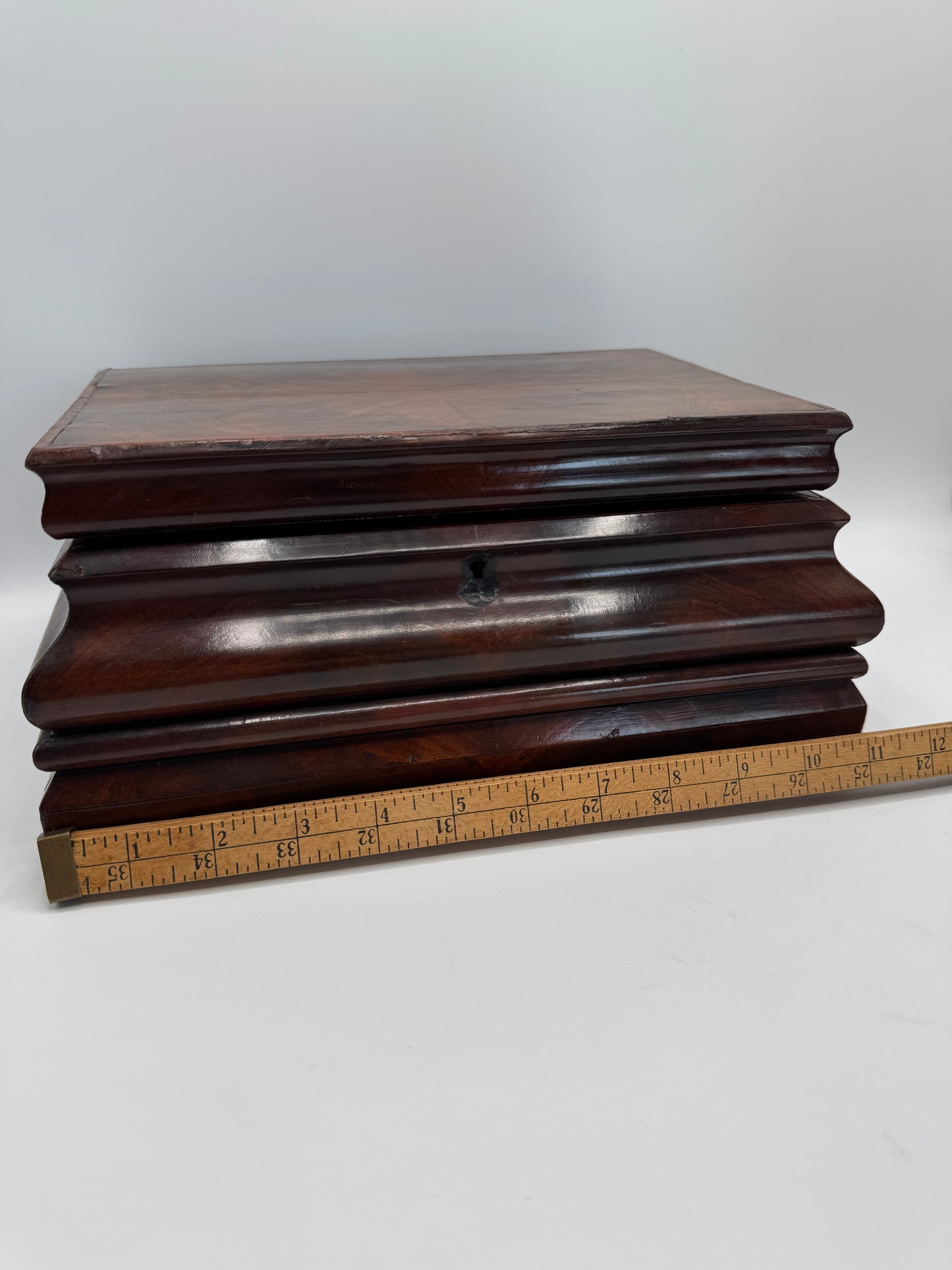 Antique Biedermeier Style Wooden Chest With Mirror Lined in Red Velvet circa 11.5” x 7.75” x 5.25”