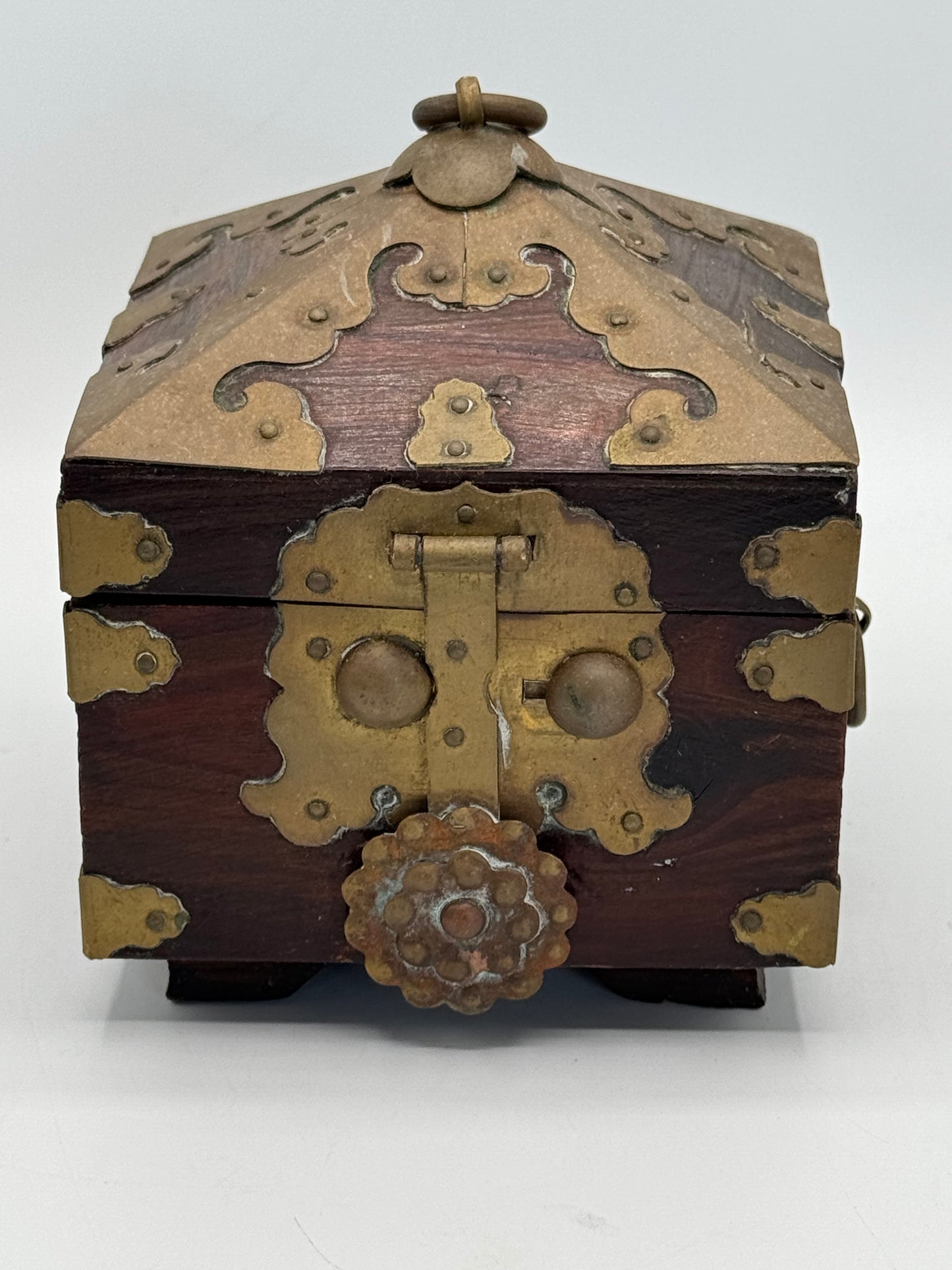 Vintage Wooden & Brass Seal Box Vintage Prayer Trinket Treasure Jewelry Box