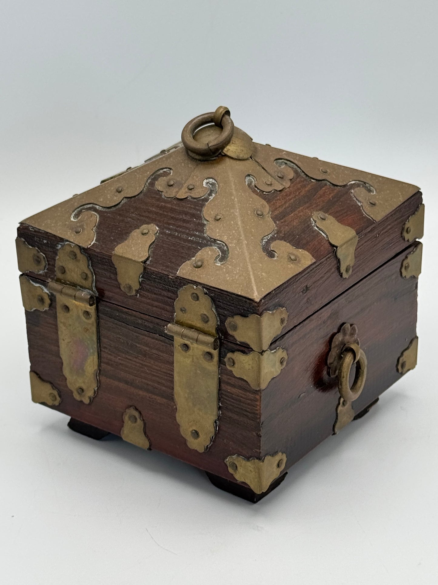 Vintage Wooden & Brass Seal Box Vintage Prayer Trinket Treasure Jewelry Box