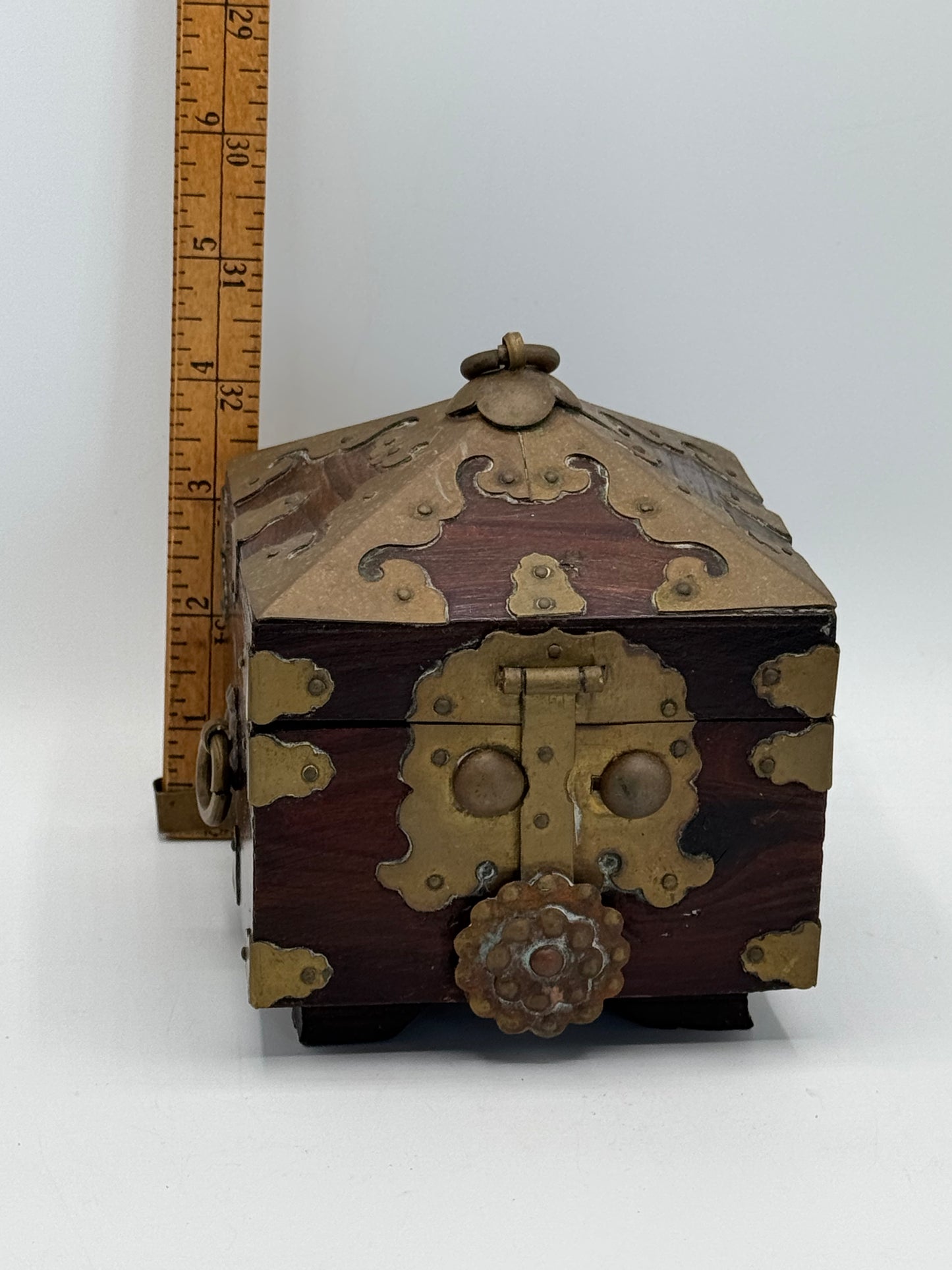 Vintage Wooden & Brass Seal Box Vintage Prayer Trinket Treasure Jewelry Box