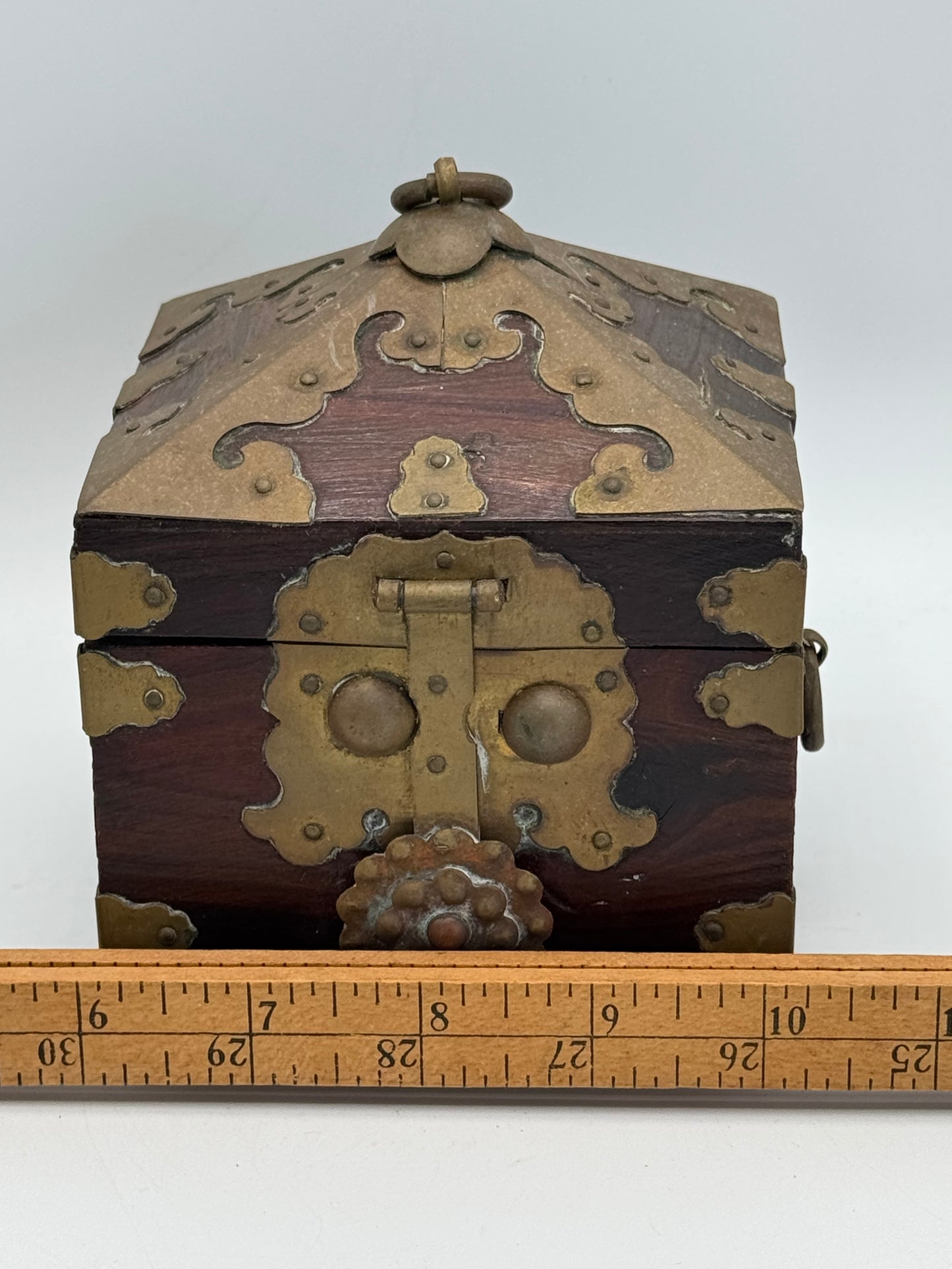 Vintage Wooden & Brass Seal Box Vintage Prayer Trinket Treasure Jewelry Box