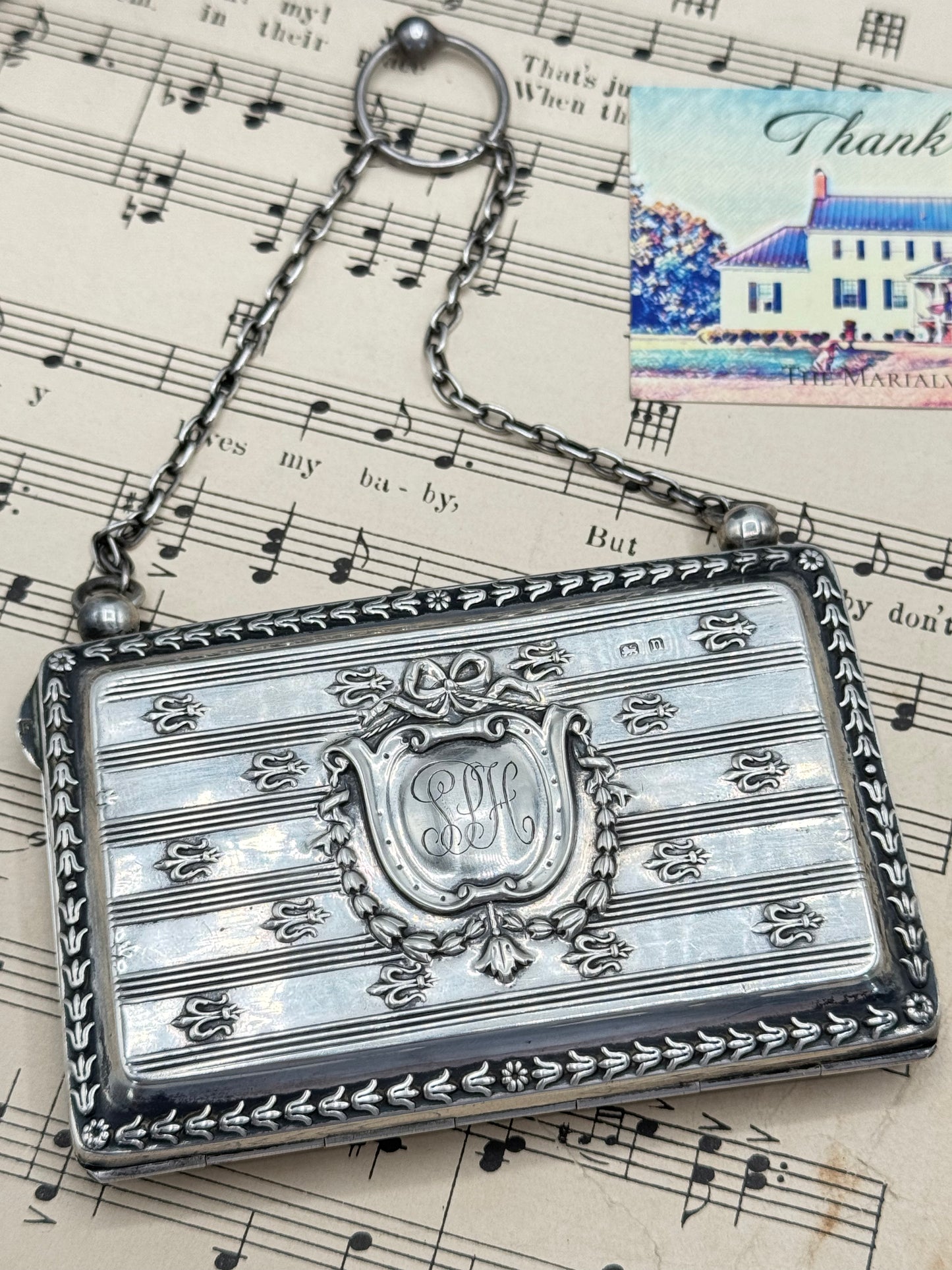 Sterling Silver Calling Card Case Fleur de Lis BIRMINGHAM Chatelaine 1912 Mono