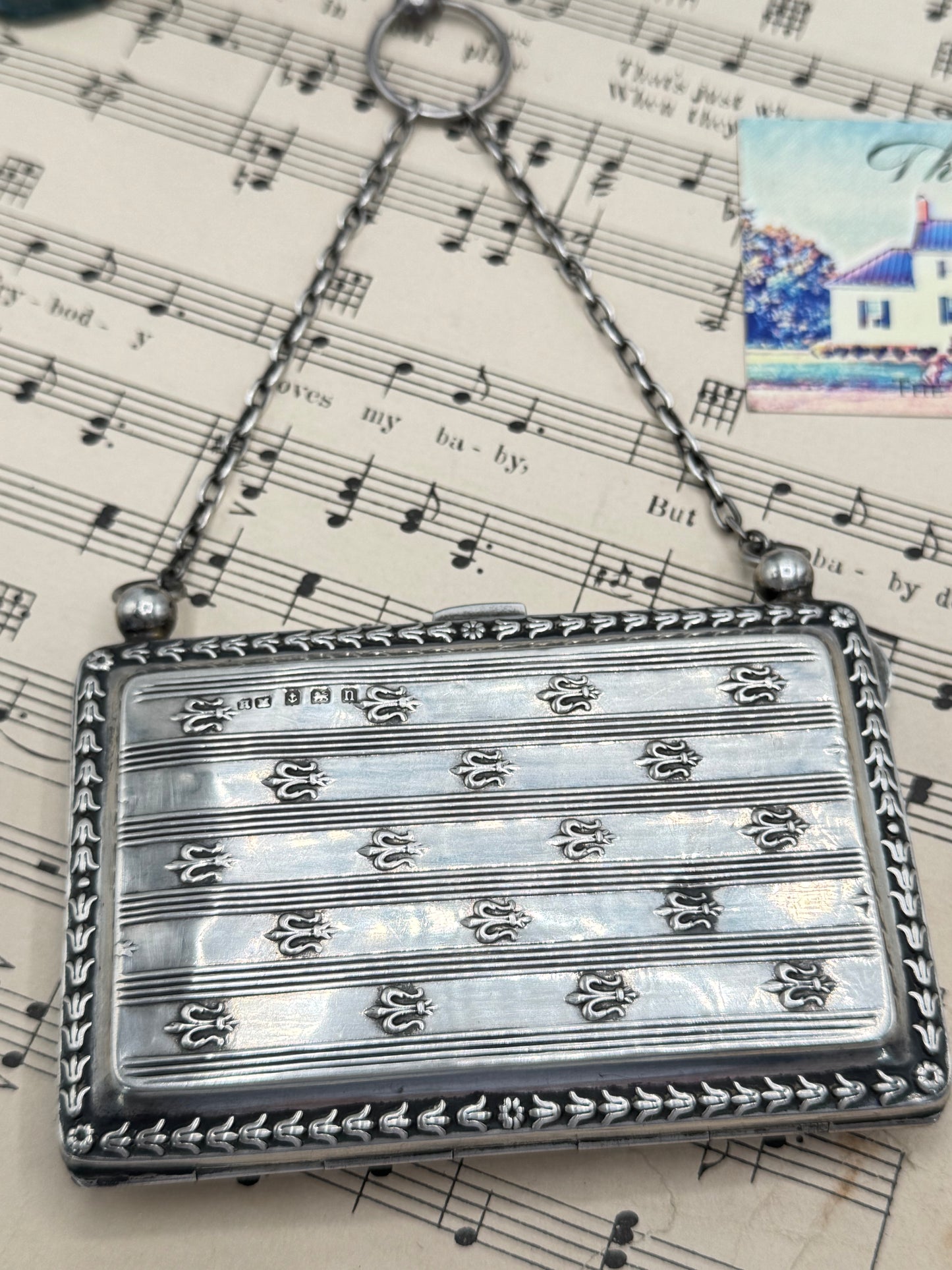 Sterling Silver Calling Card Case Fleur de Lis BIRMINGHAM Chatelaine 1912 Mono