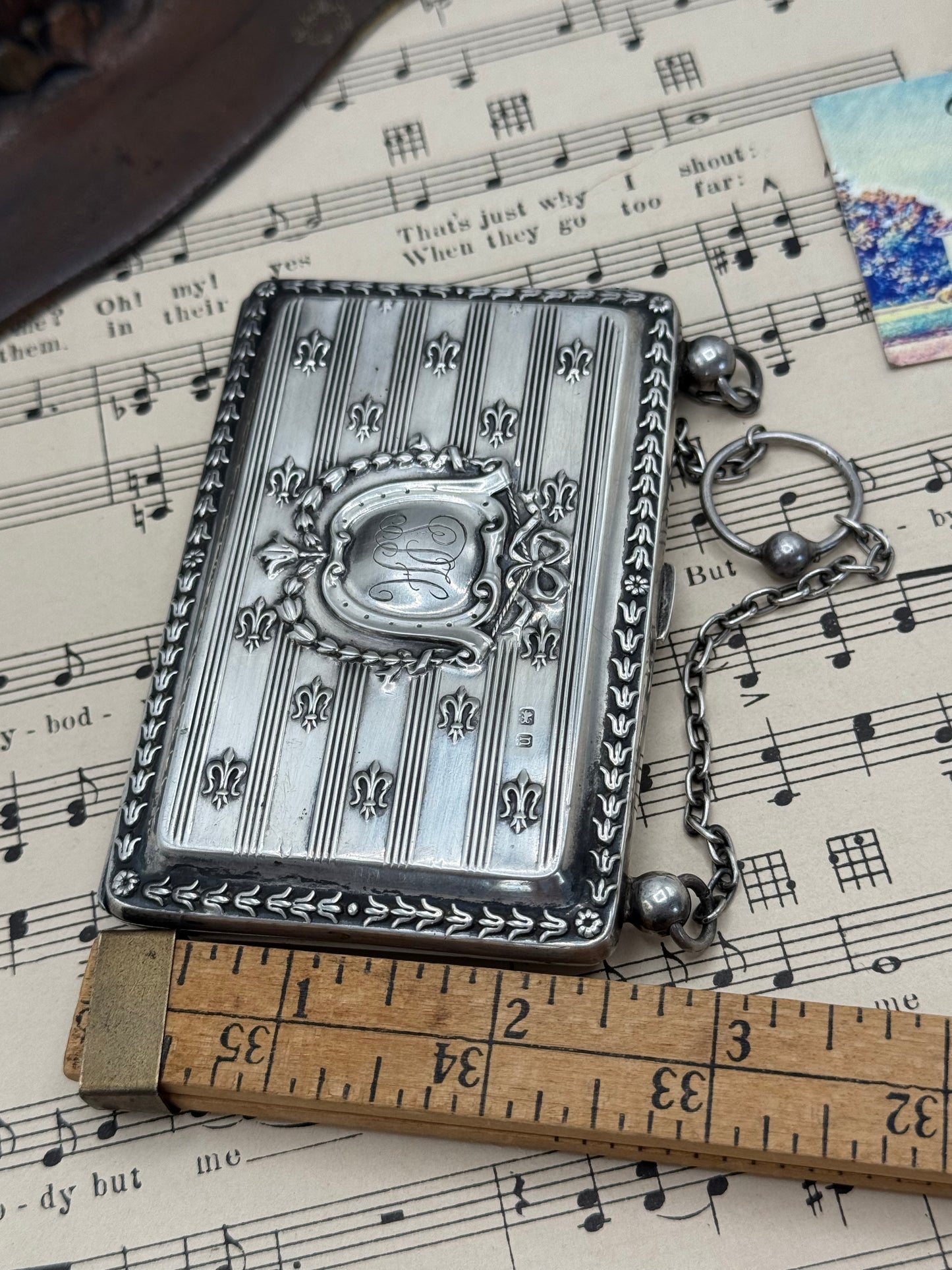 Sterling Silver Calling Card Case Fleur de Lis BIRMINGHAM Chatelaine 1912 Mono