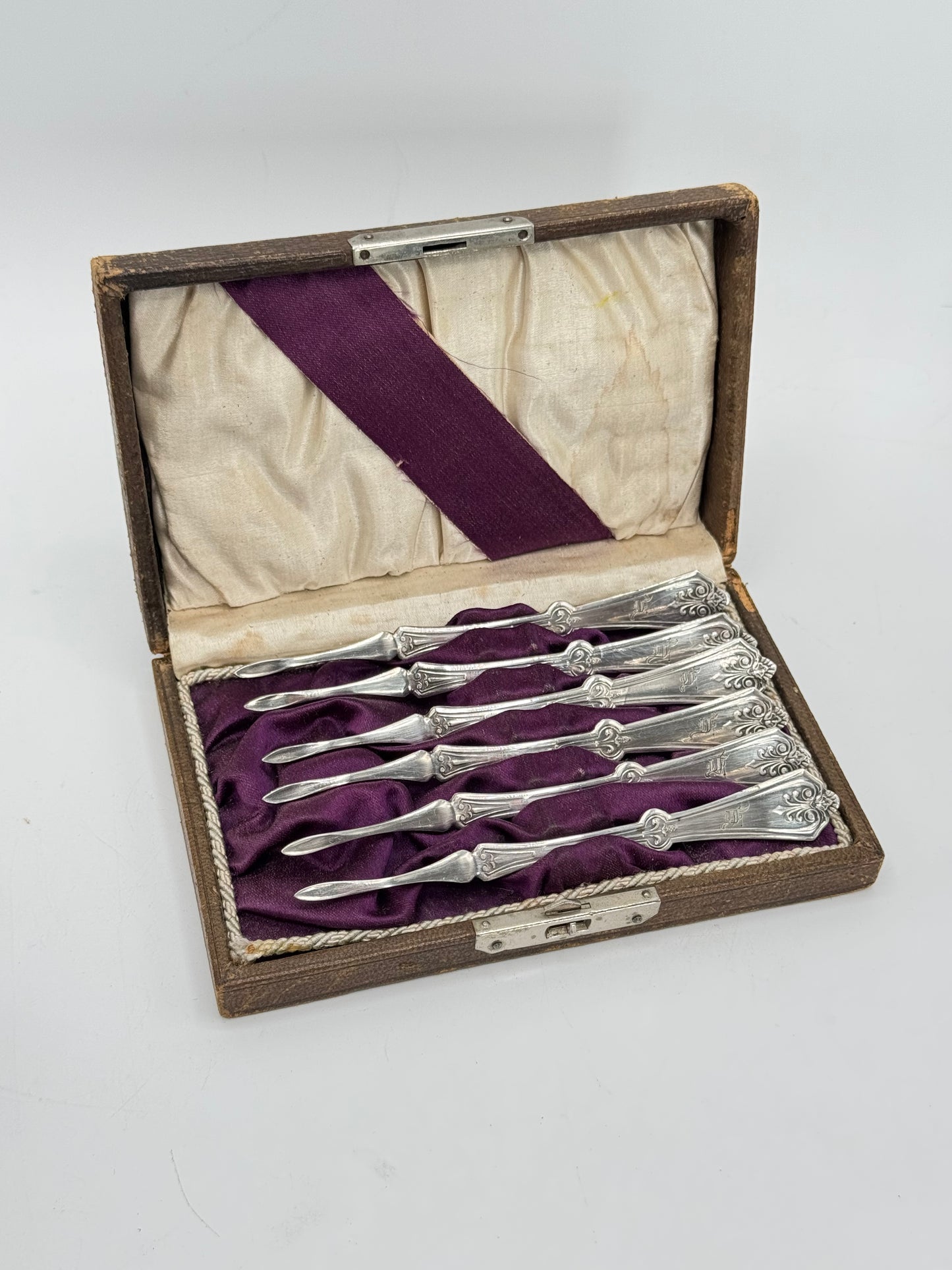Antique Victorian Set Of 6 SILVERPLATE Nutpicks Monogrammed In Original Box
