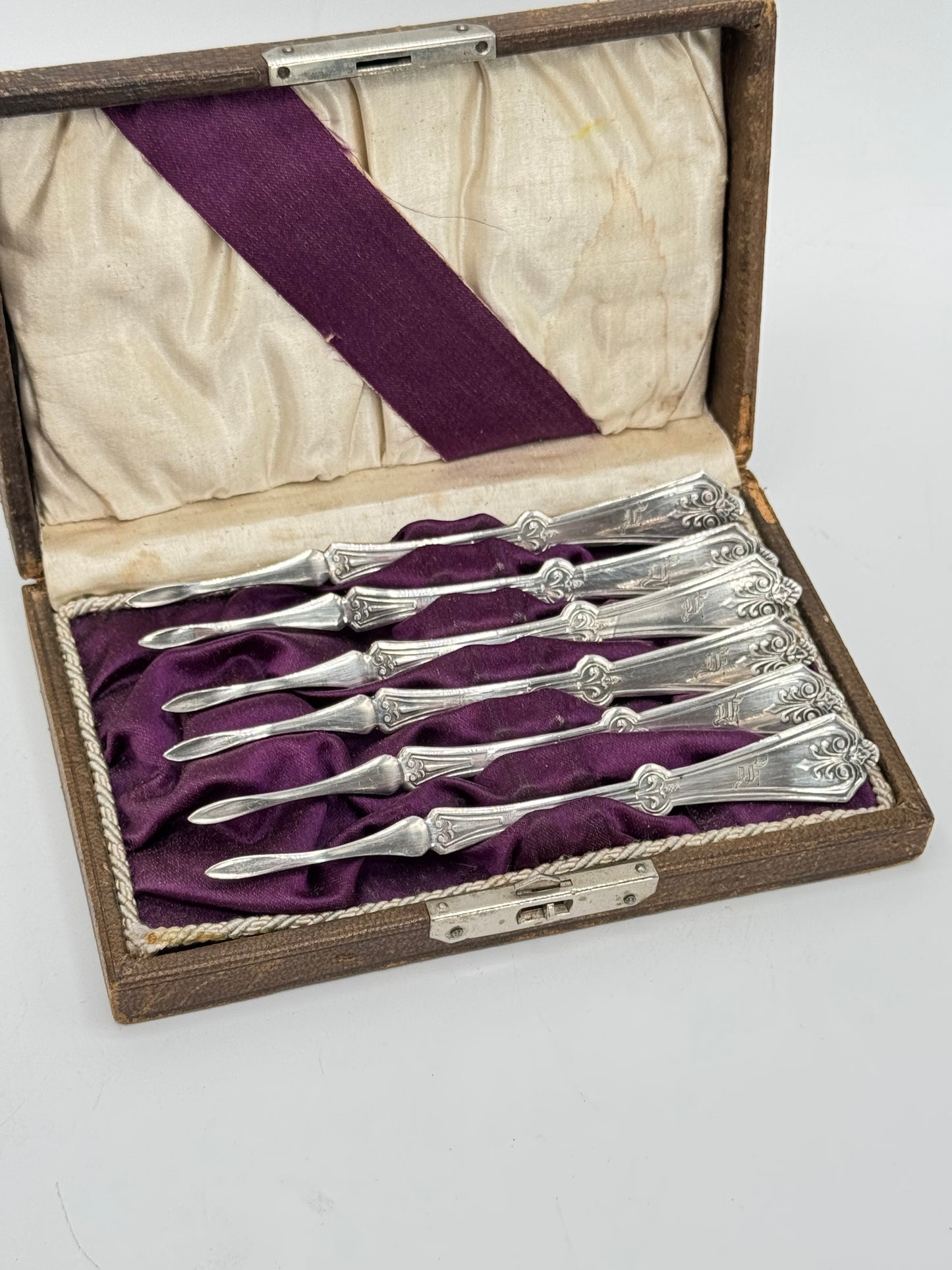 Antique Victorian Set Of 6 SILVERPLATE Nutpicks Monogrammed In Original Box