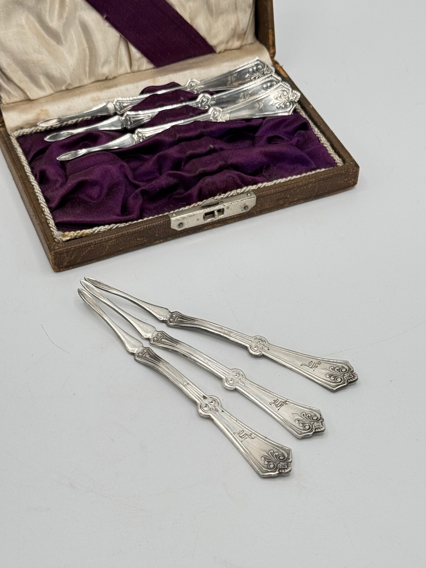 Antique Victorian Set Of 6 SILVERPLATE Nutpicks Monogrammed In Original Box