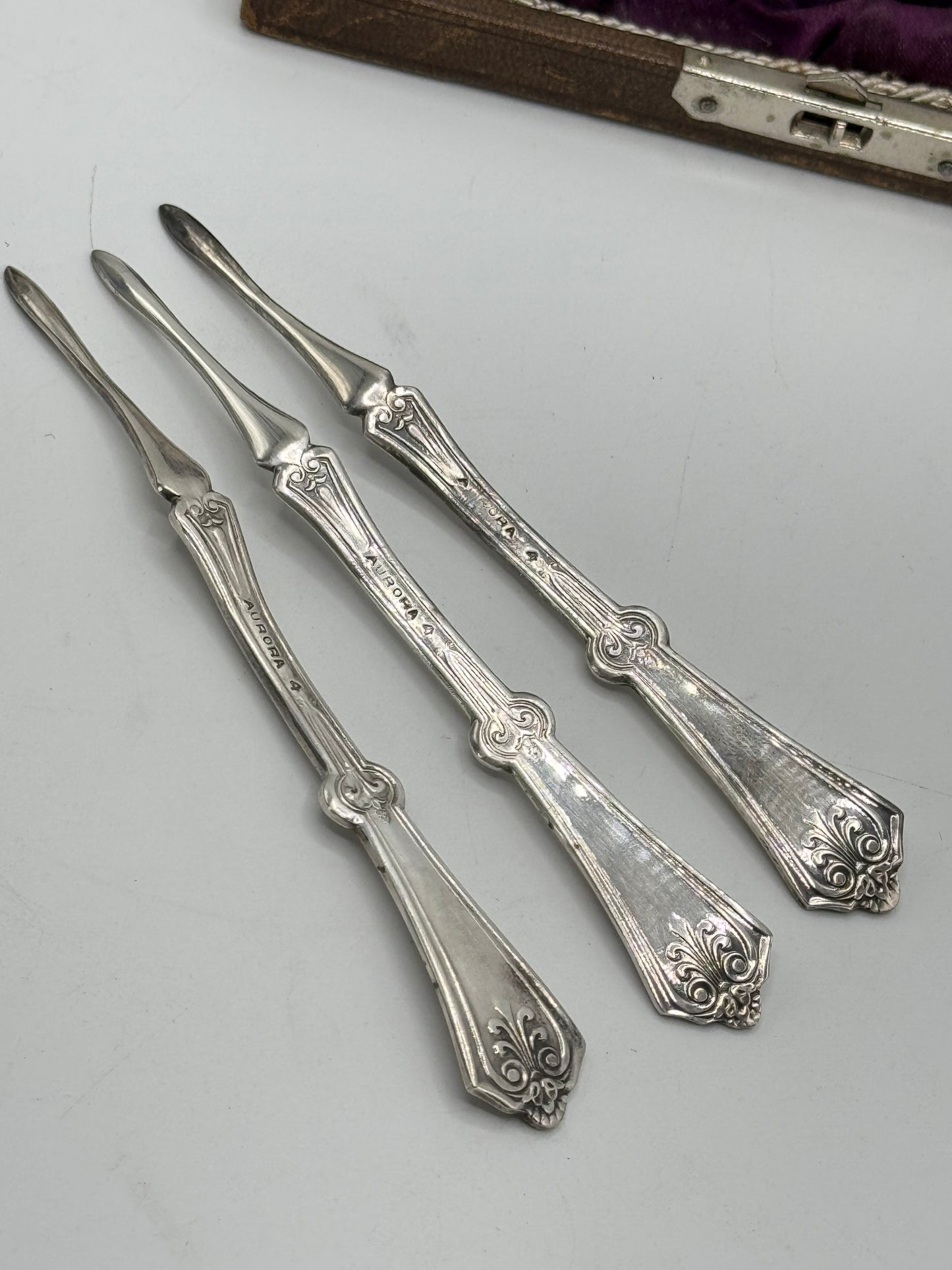 Antique Victorian Set Of 6 SILVERPLATE Nutpicks Monogrammed In Original Box