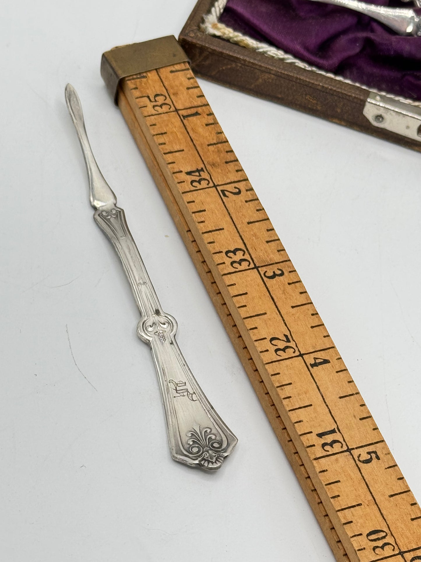 Antique Victorian Set Of 6 SILVERPLATE Nutpicks Monogrammed In Original Box