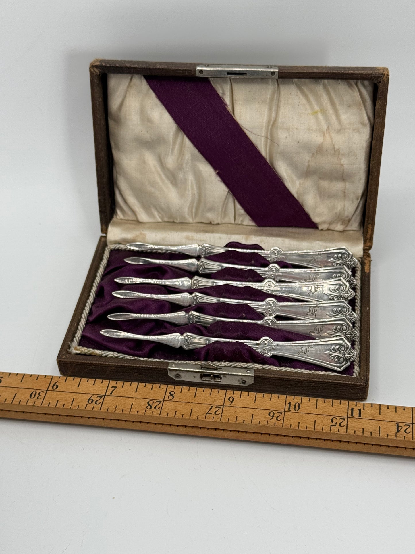 Antique Victorian Set Of 6 SILVERPLATE Nutpicks Monogrammed In Original Box