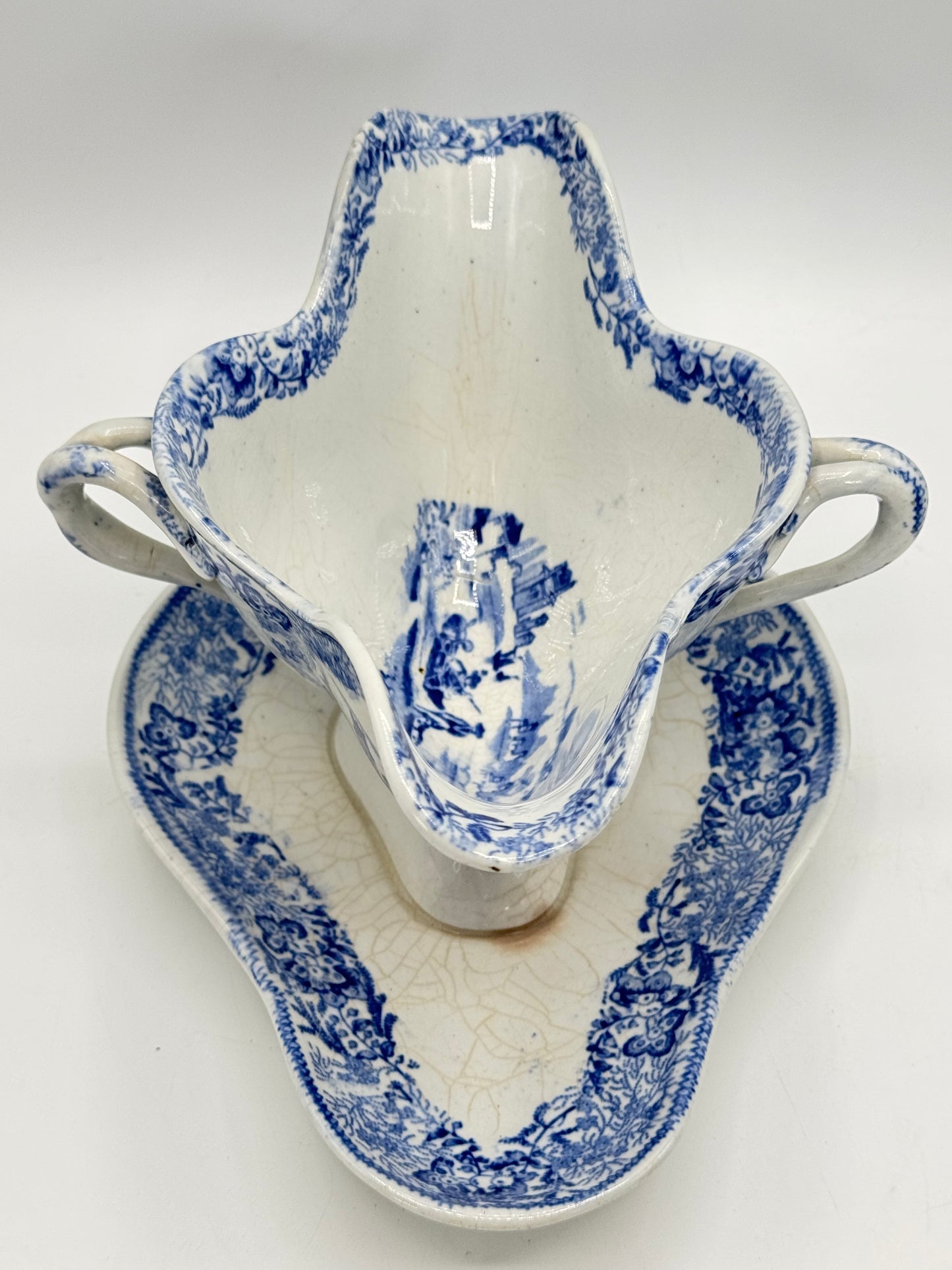 Antique Blue & White Transferware Sauce Boat With Fixed Under Plate