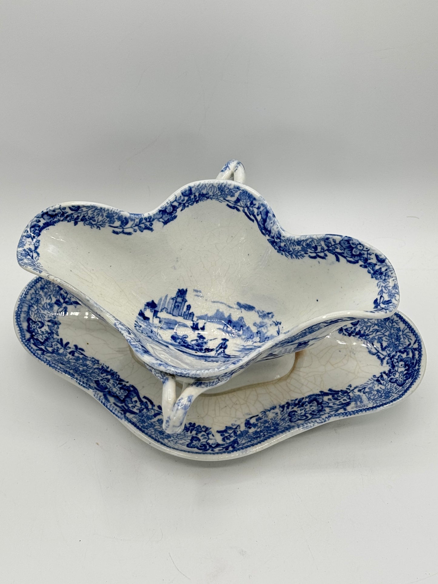 Antique Blue & White Transferware Sauce Boat With Fixed Under Plate