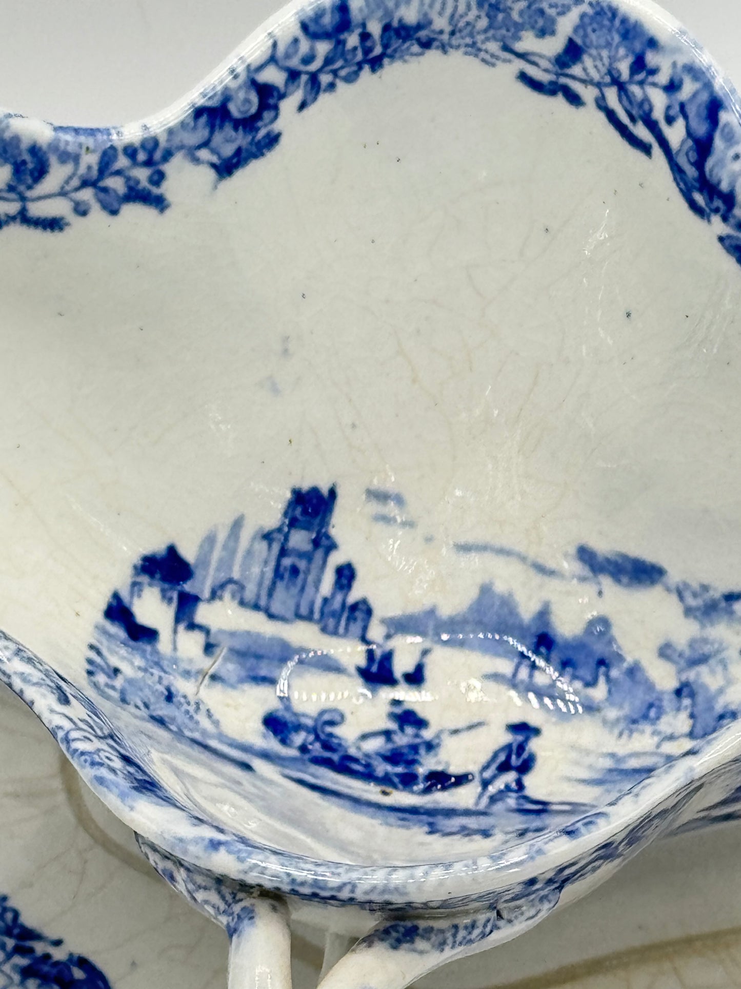 Antique Blue & White Transferware Sauce Boat With Fixed Under Plate