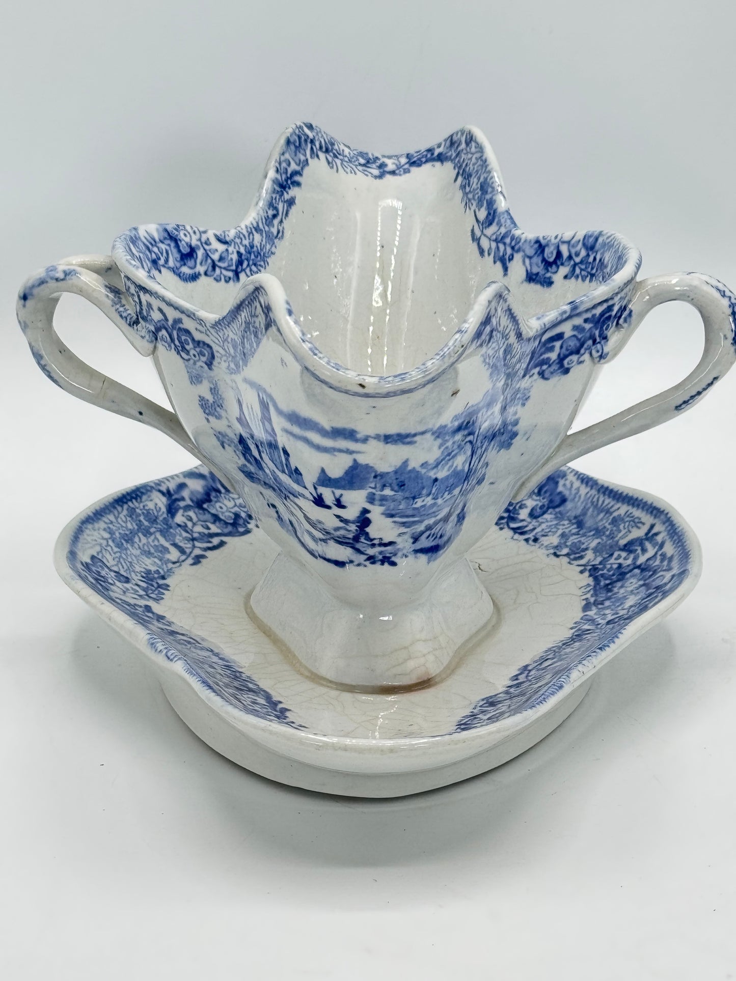 Antique Blue & White Transferware Sauce Boat With Fixed Under Plate
