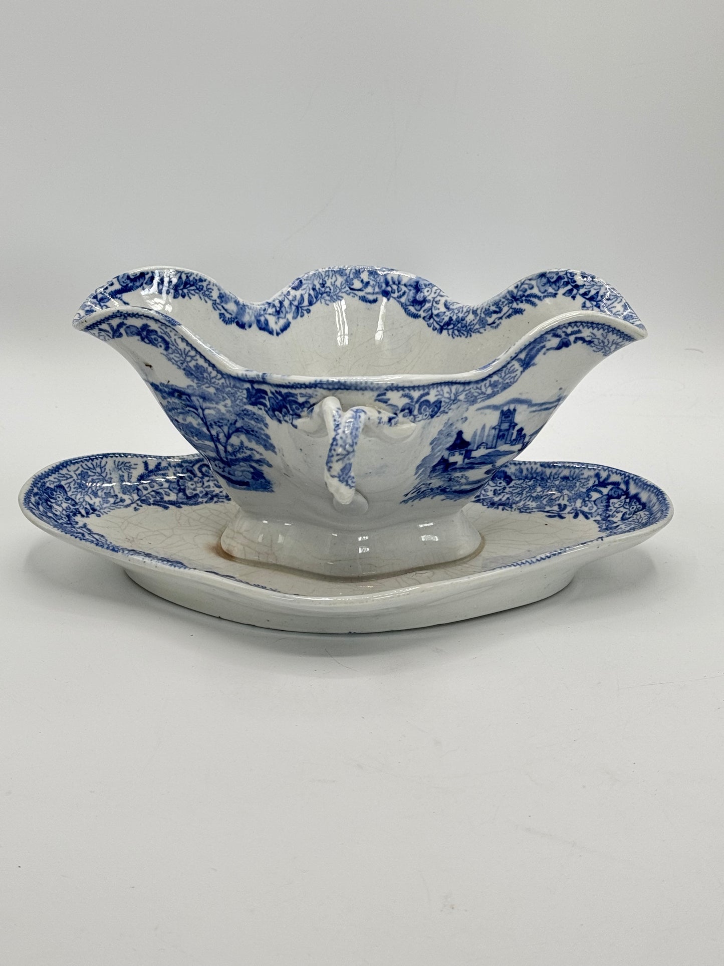 Antique Blue & White Transferware Sauce Boat With Fixed Under Plate