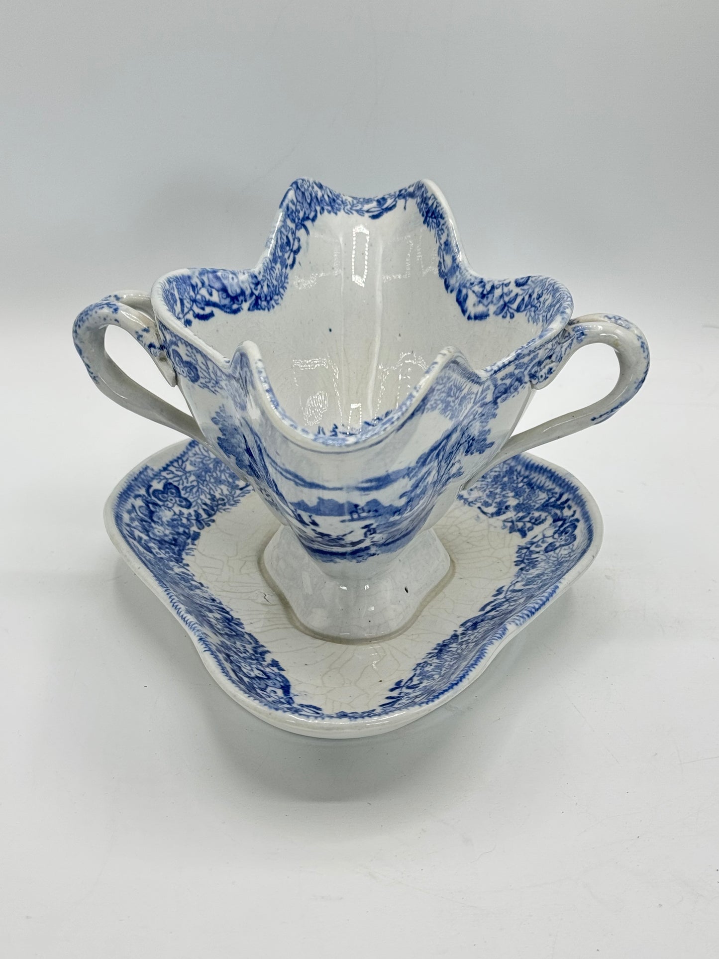 Antique Blue & White Transferware Sauce Boat With Fixed Under Plate