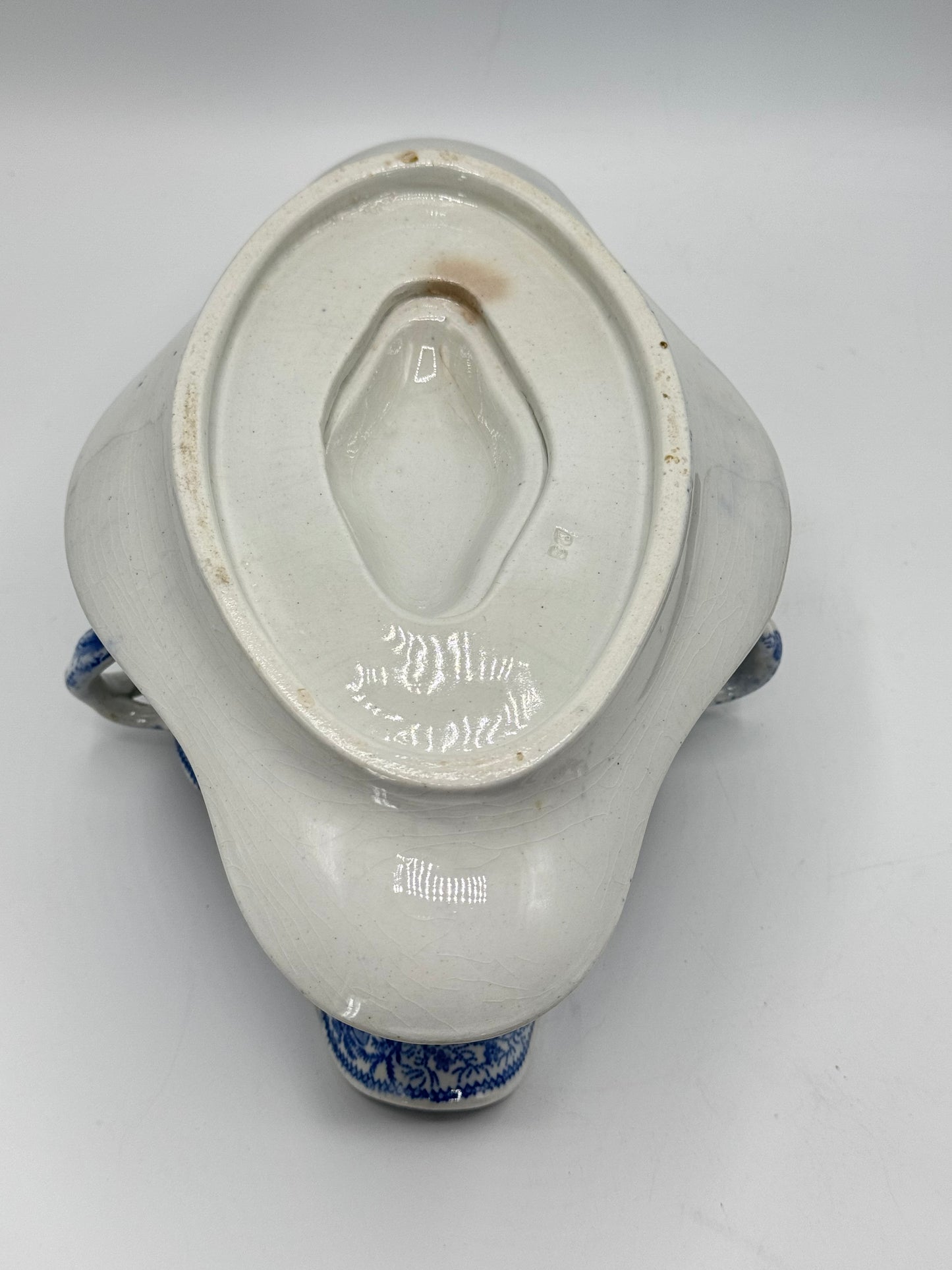 Antique Blue & White Transferware Sauce Boat With Fixed Under Plate