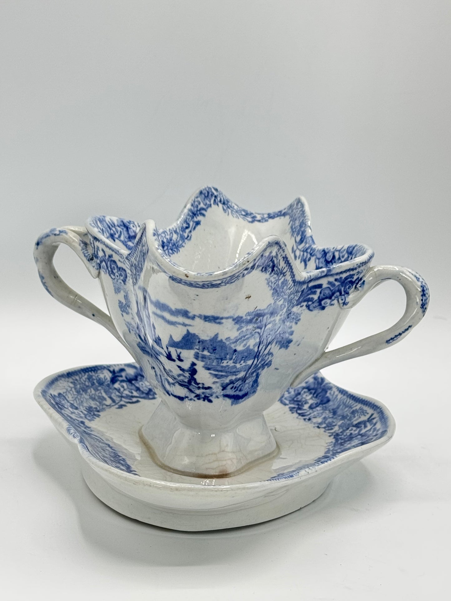 Antique Blue & White Transferware Sauce Boat With Fixed Under Plate