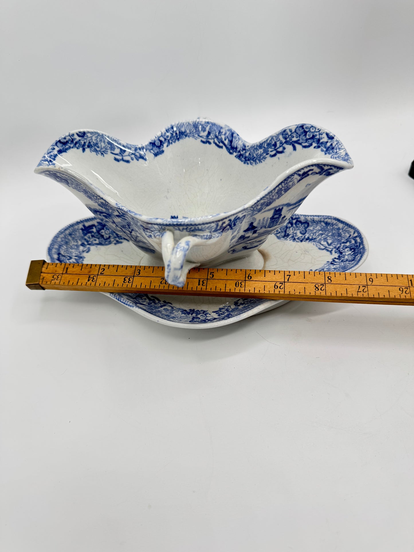 Antique Blue & White Transferware Sauce Boat With Fixed Under Plate