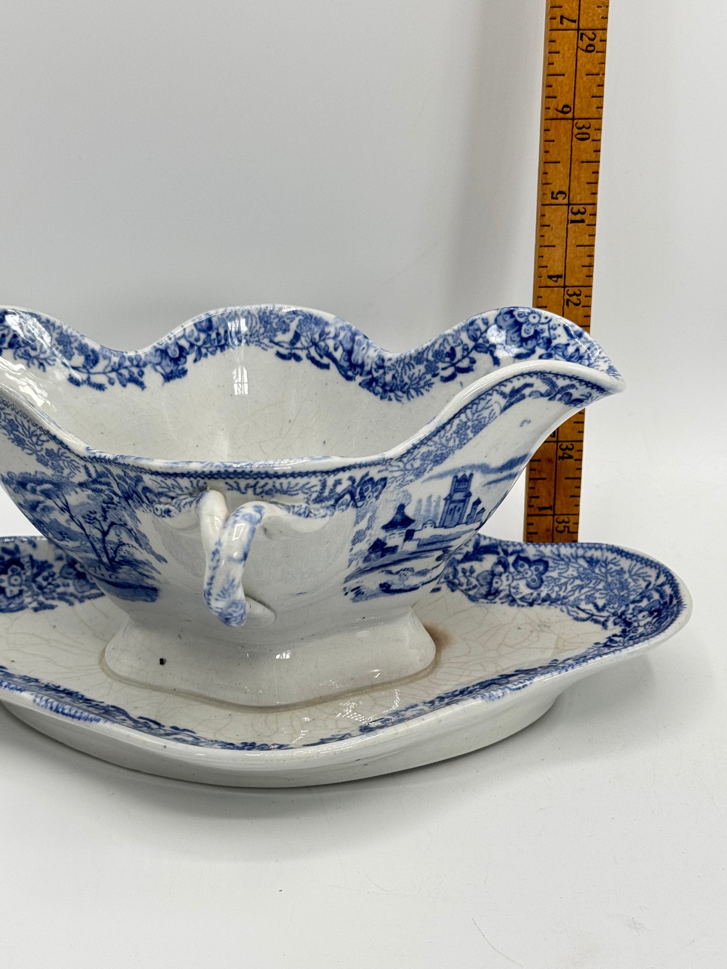 Antique Blue & White Transferware Sauce Boat With Fixed Under Plate