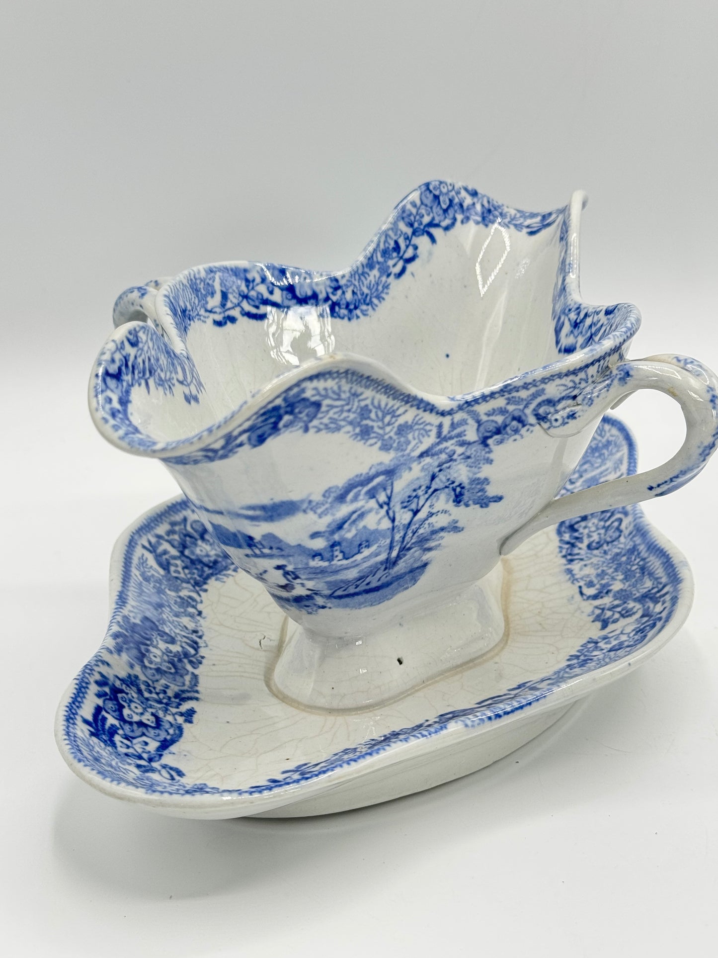 Antique Blue & White Transferware Sauce Boat With Fixed Under Plate