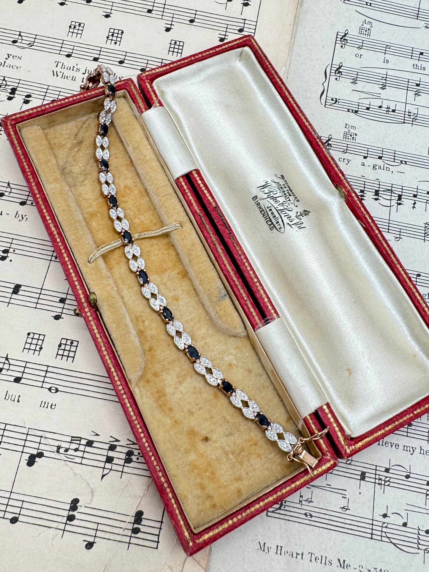 Vintage STERLING 925 Tennis Bracelet Rose Gold Plated Black & Clear Stones 7”