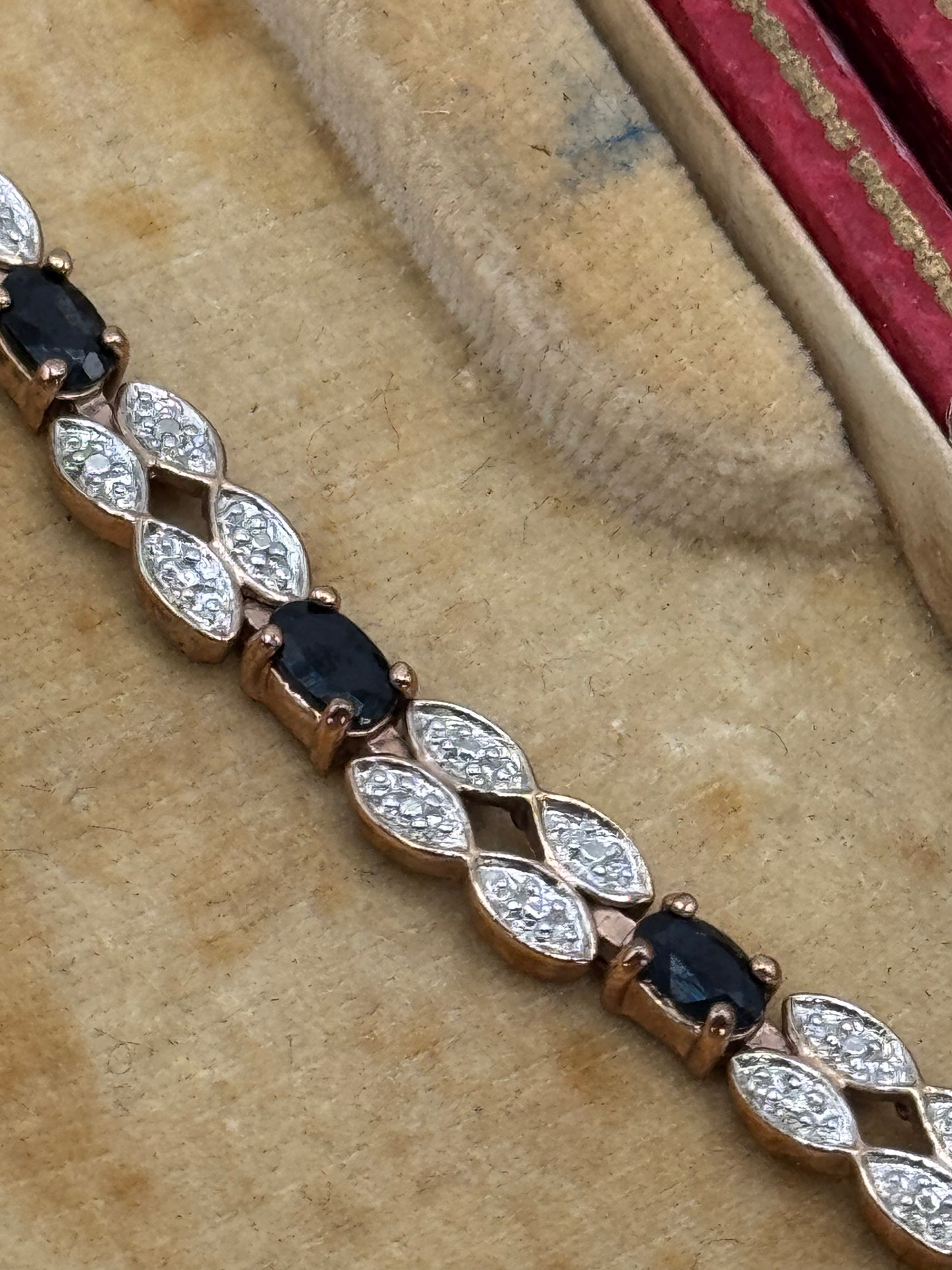 Vintage STERLING 925 Tennis Bracelet Rose Gold Plated Black & Clear Stones 7”