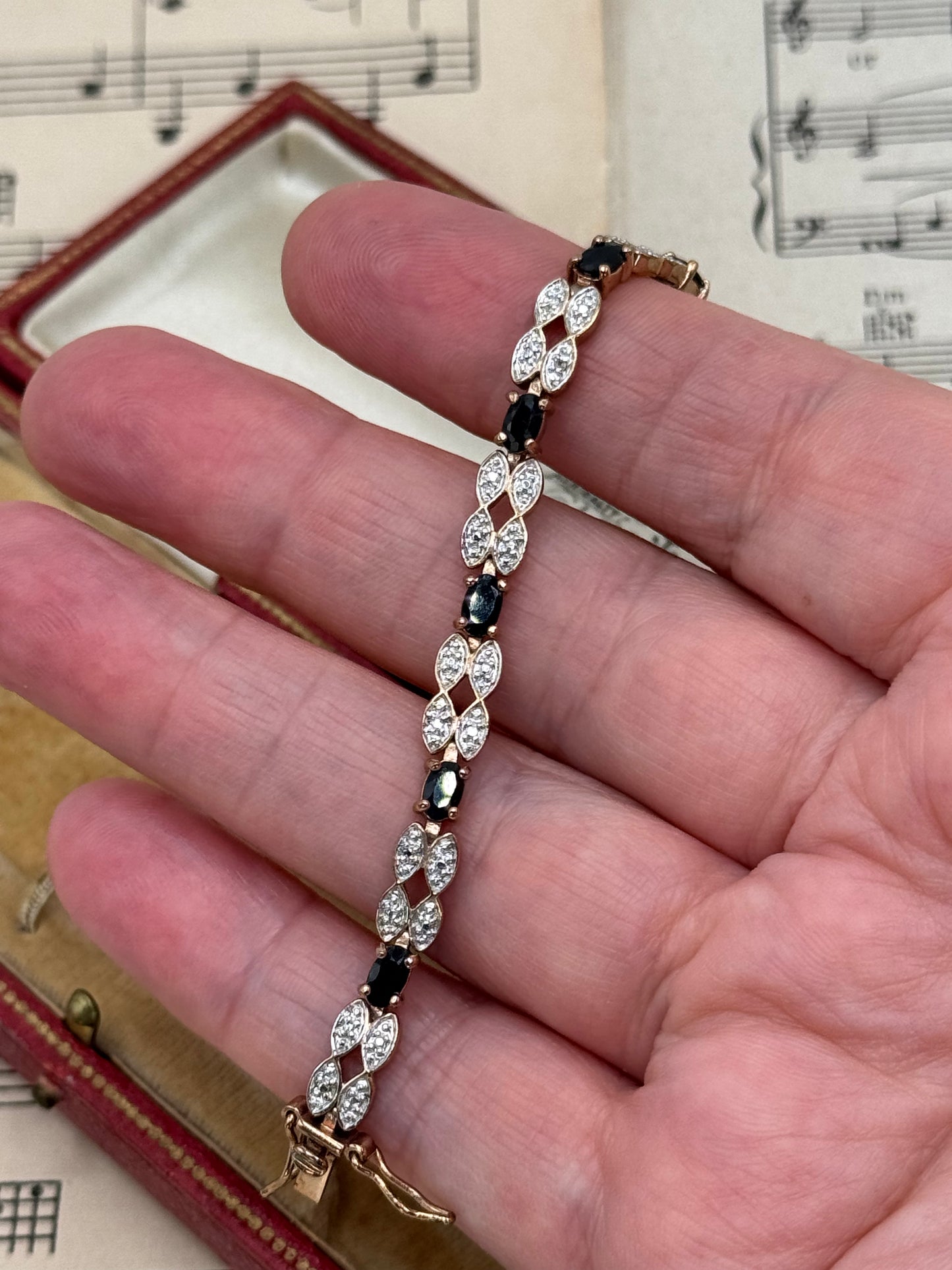 Vintage STERLING 925 Tennis Bracelet Rose Gold Plated Black & Clear Stones 7”