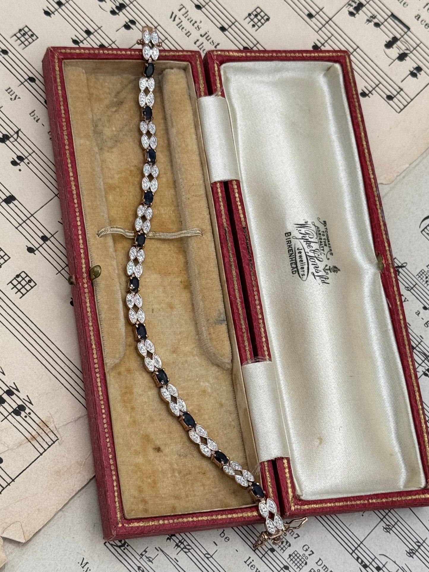 Vintage STERLING 925 Tennis Bracelet Rose Gold Plated Black & Clear Stones 7”