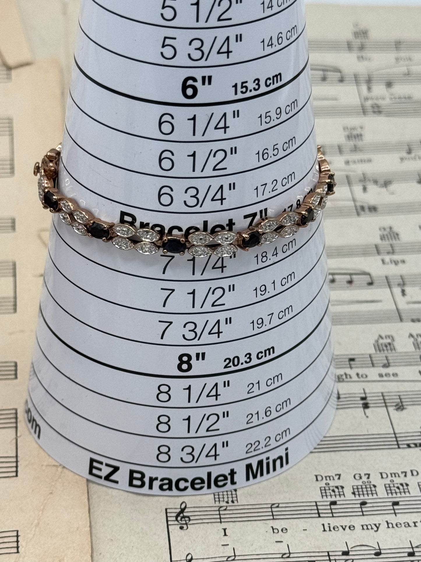 Vintage STERLING 925 Tennis Bracelet Rose Gold Plated Black & Clear Stones 7”