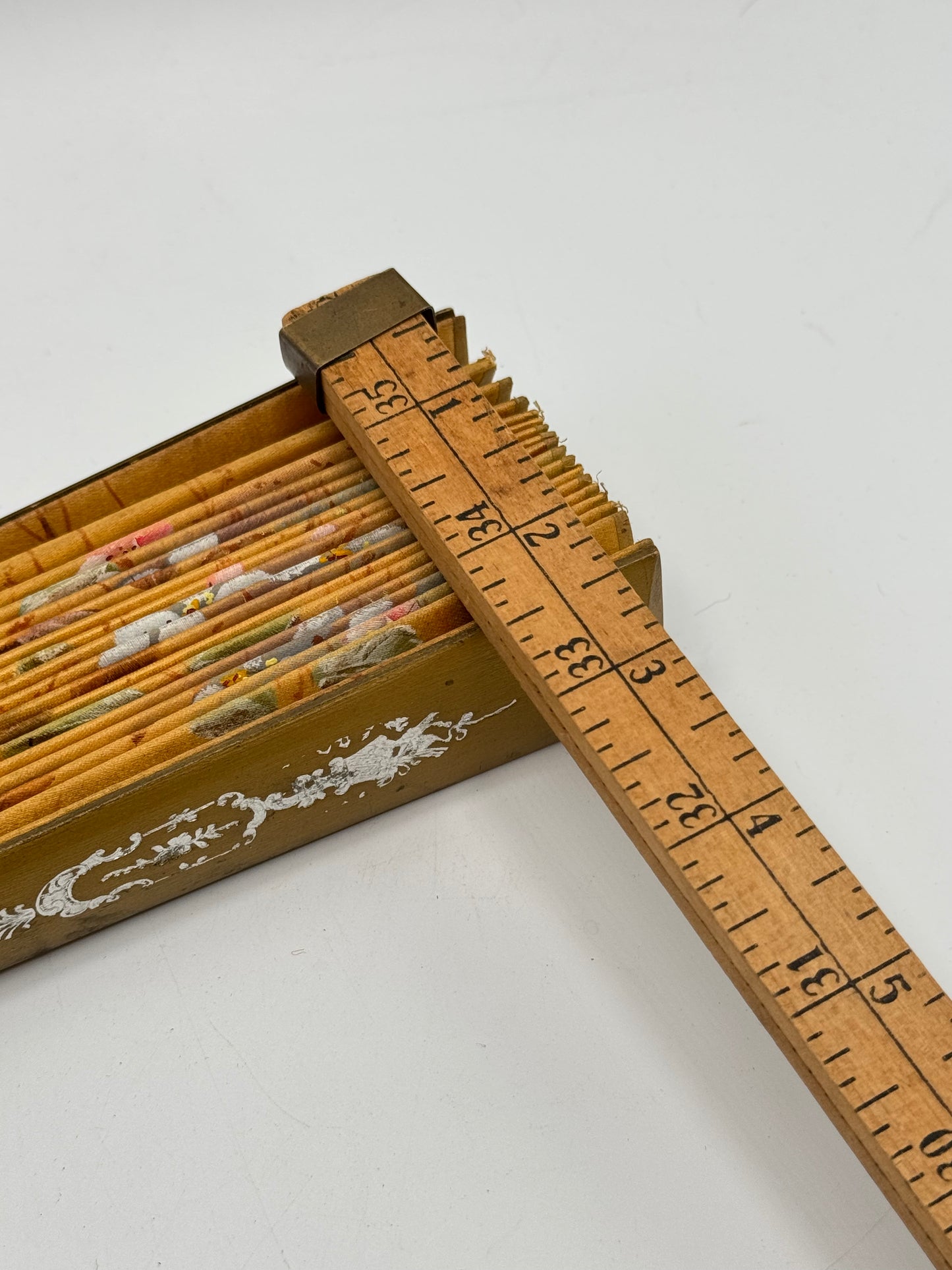 Large Vintage HAND FAN Gold Satin Wood Cherry Blossom Design Back Lined 25”