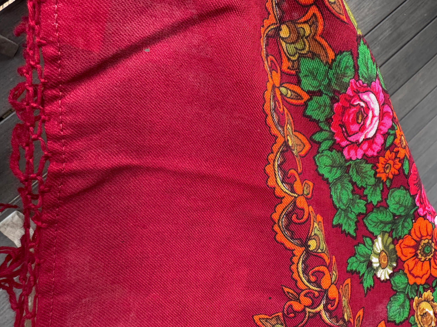 1980s XL Wool Fringed Floral Scarf – Burgundy with Pink Roses