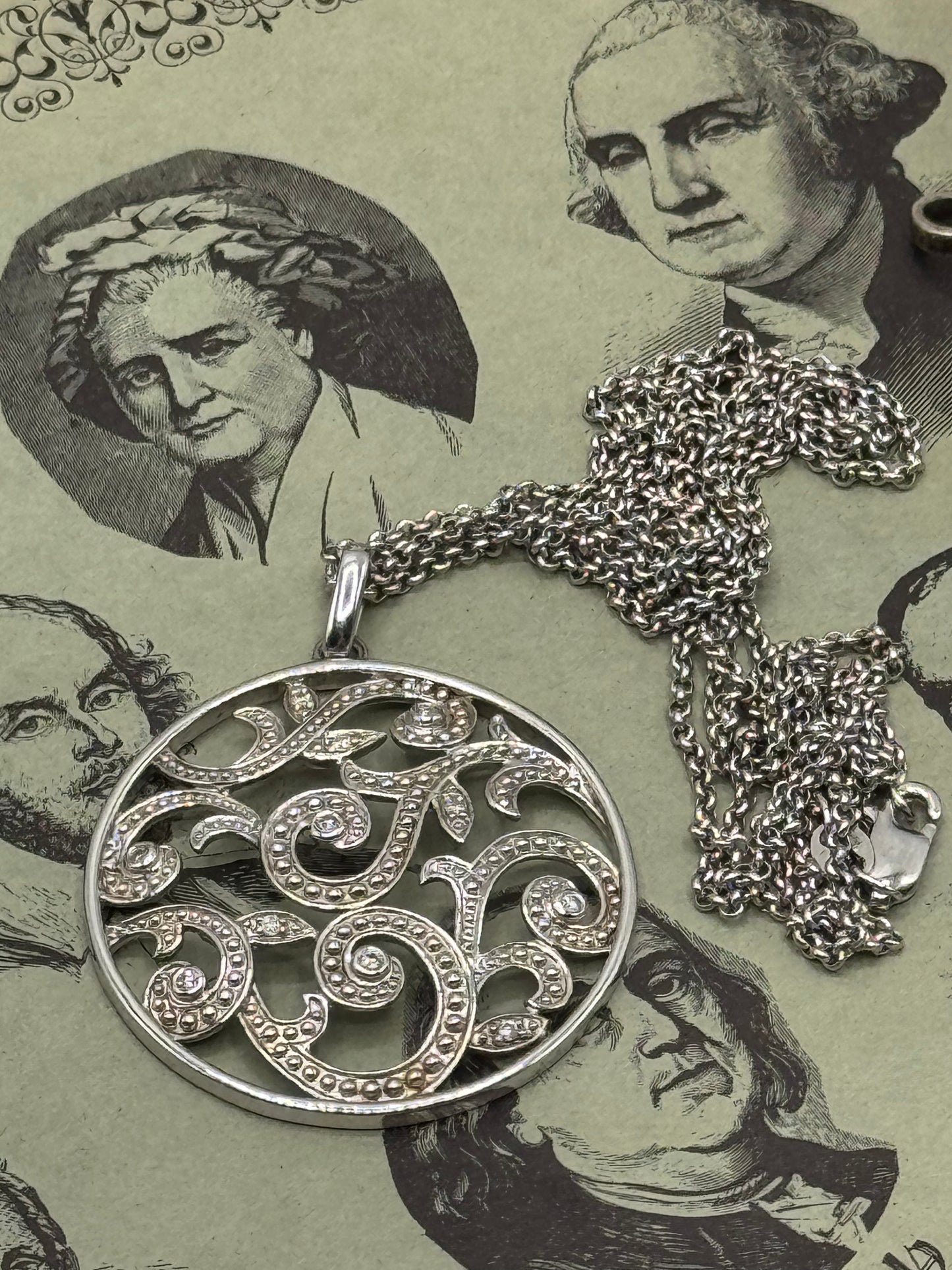 Sterling Medaillion Pendant Necklace 17”+ Diamond Accents ESTATE FIND